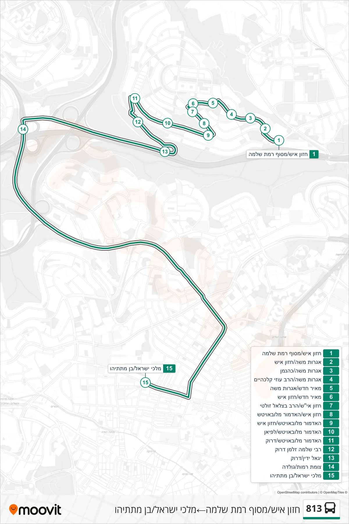 813 bus Line (Hazon Ish/Ramat Shlomo Terminal→Malchei Israel/Ben Matityahu) route and stops on a map