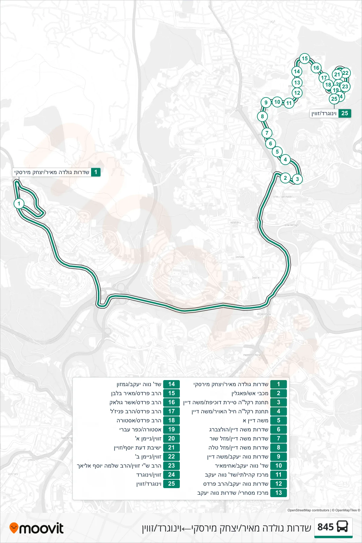 845 bus Line (Golda Meir Boulevard/Yitzhak Mirsky‎→Winograd/Zavin) route and stops on a map