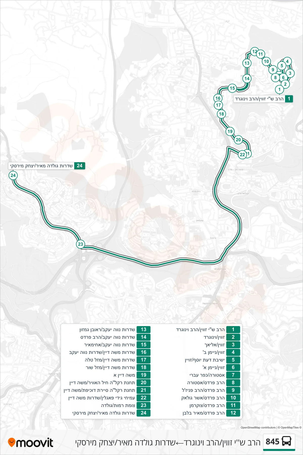 845 bus Line (Rabbi S.Y. Zevin/Rabbi Winograd→Golda Meir Boulevard/Yitzhak Mirsky) route and stops on a map