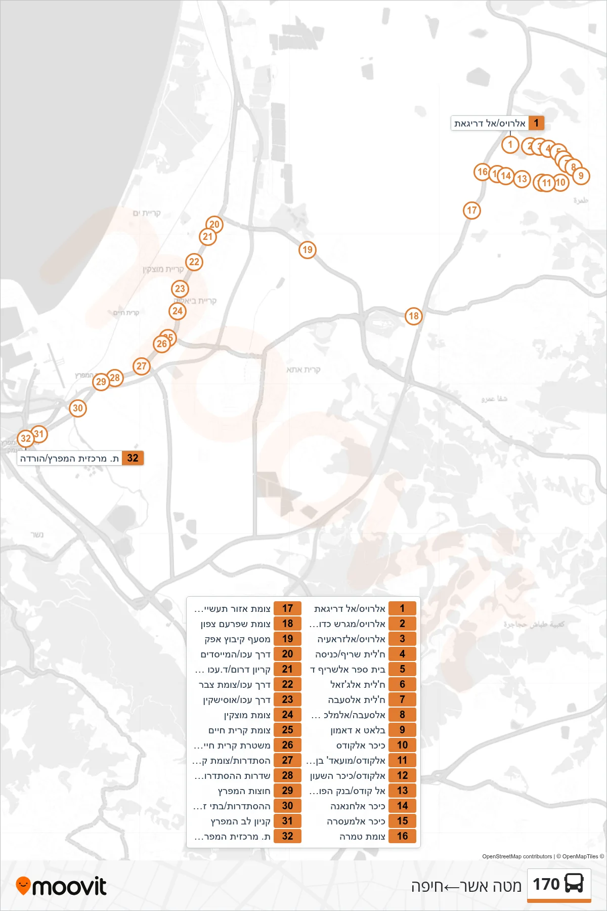 170 bus Line (Mate Asher‎→Haifa) route and stops on a map