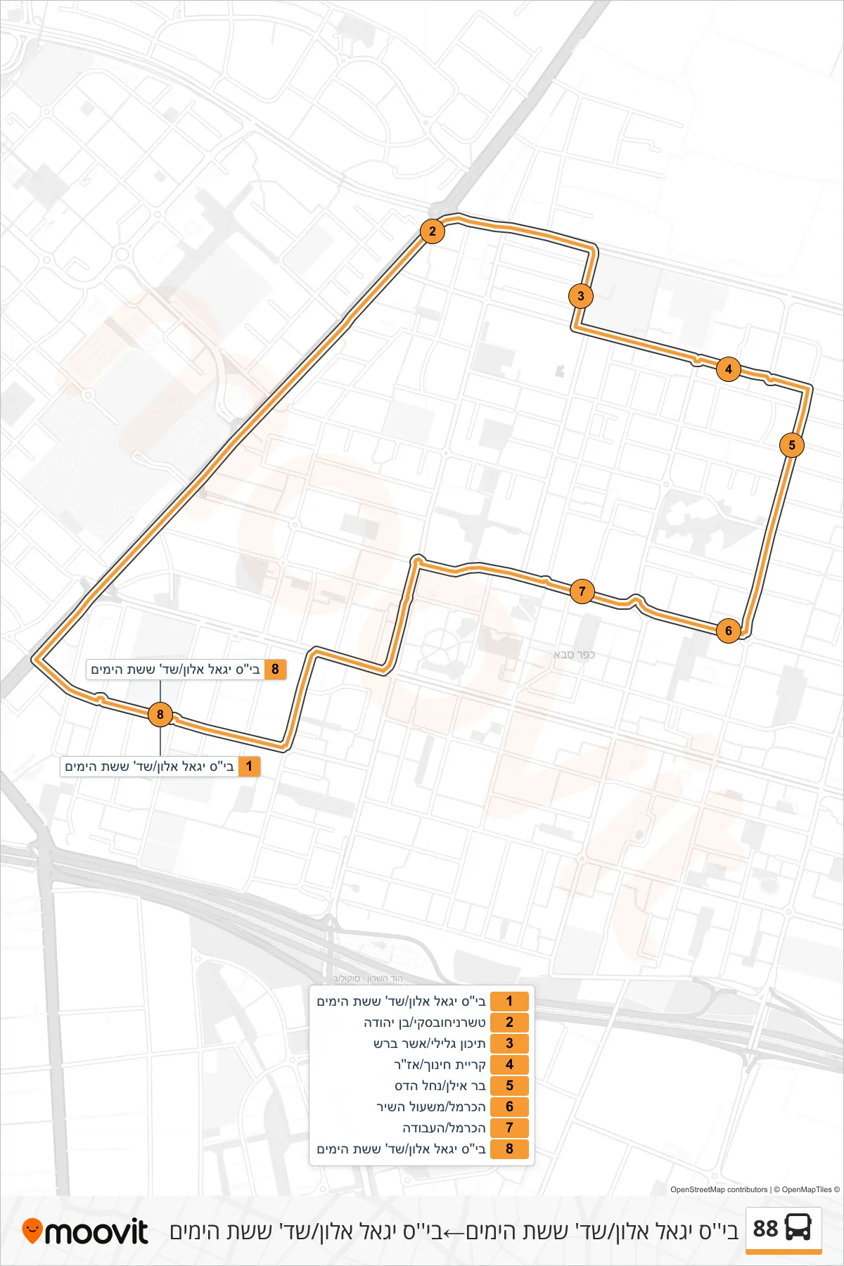 88  Line (Yigal Allon School/Six Day War Blvd‎→Yigal Allon School/Six Day War Blvd) route and stops on a map