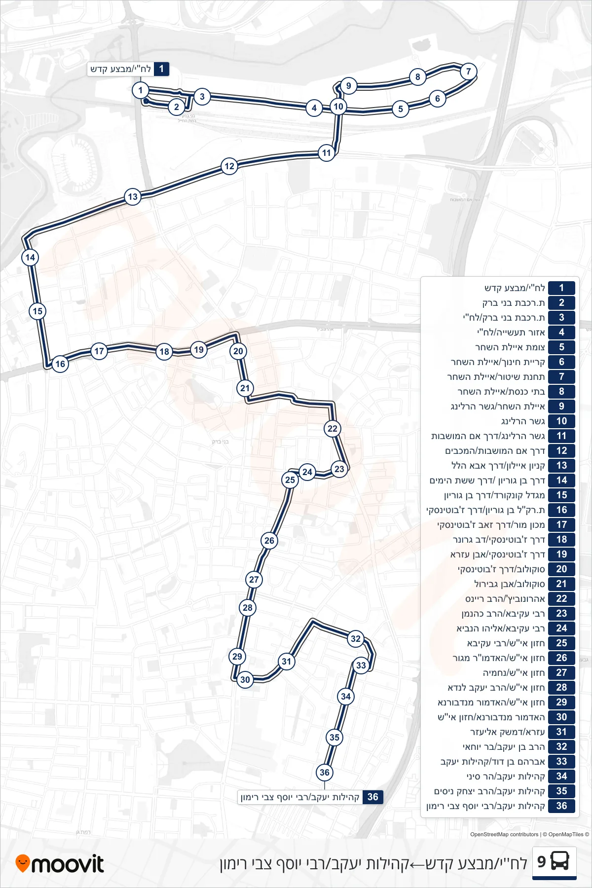 9 bus Line (Lehi/Kadesh Operation‎→Kehilot Yaakov/Rabbi Yosef Zvi Rimon) route and stops on a map
