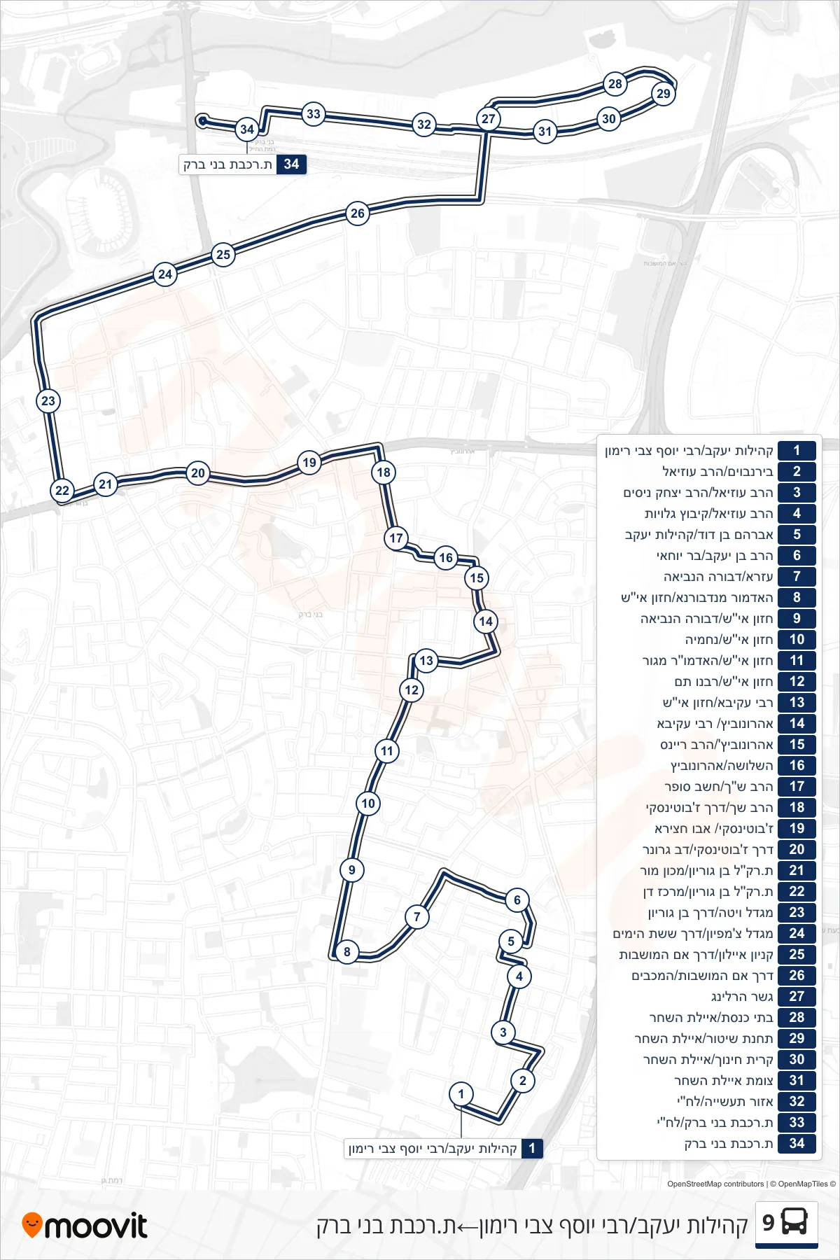 9 bus Line (Kehilot Yaakov/Rabbi Yosef Zvi Rimon‎→Bnei Brak Railway Station) route and stops on a map