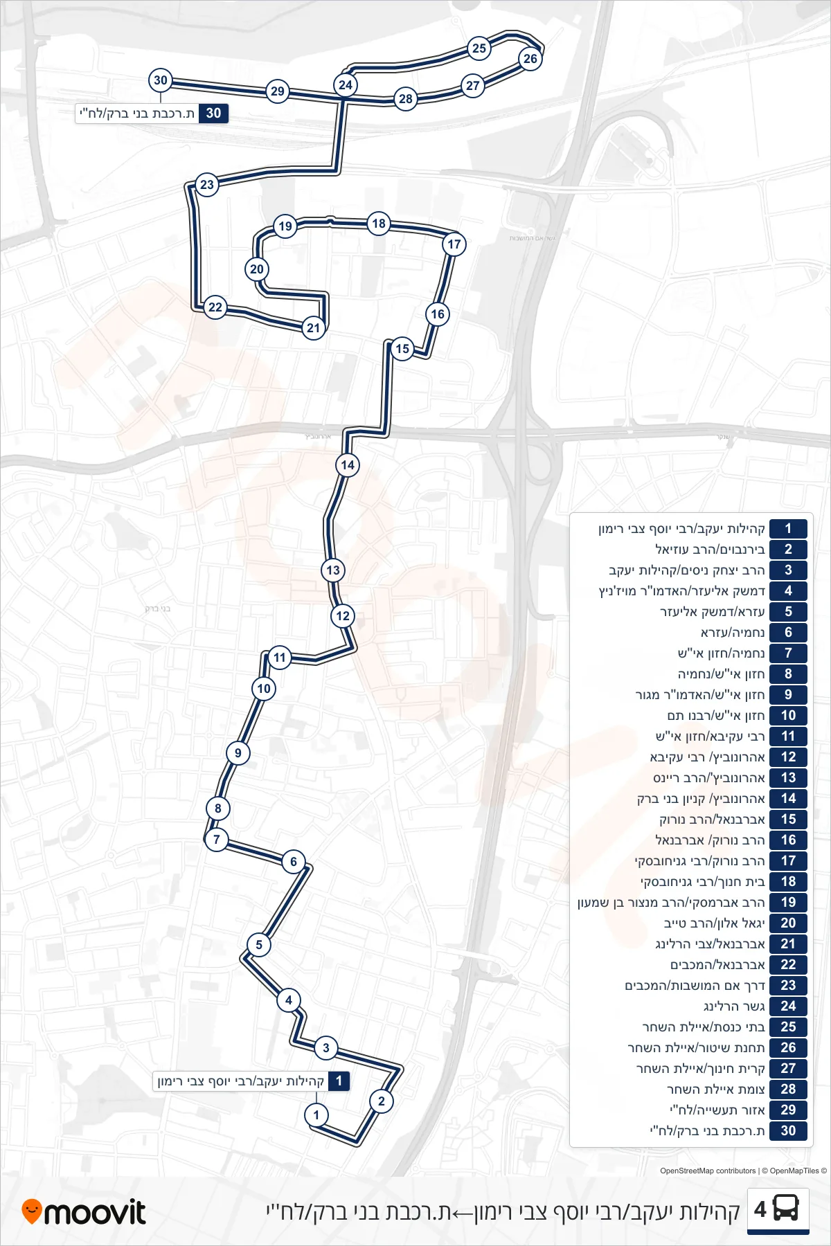 4 bus Line (Kehilot Yaakov/Rabbi Yosef Zvi Rimon‎→Bnei Brak Railway Station/Lehi) route and stops on a map