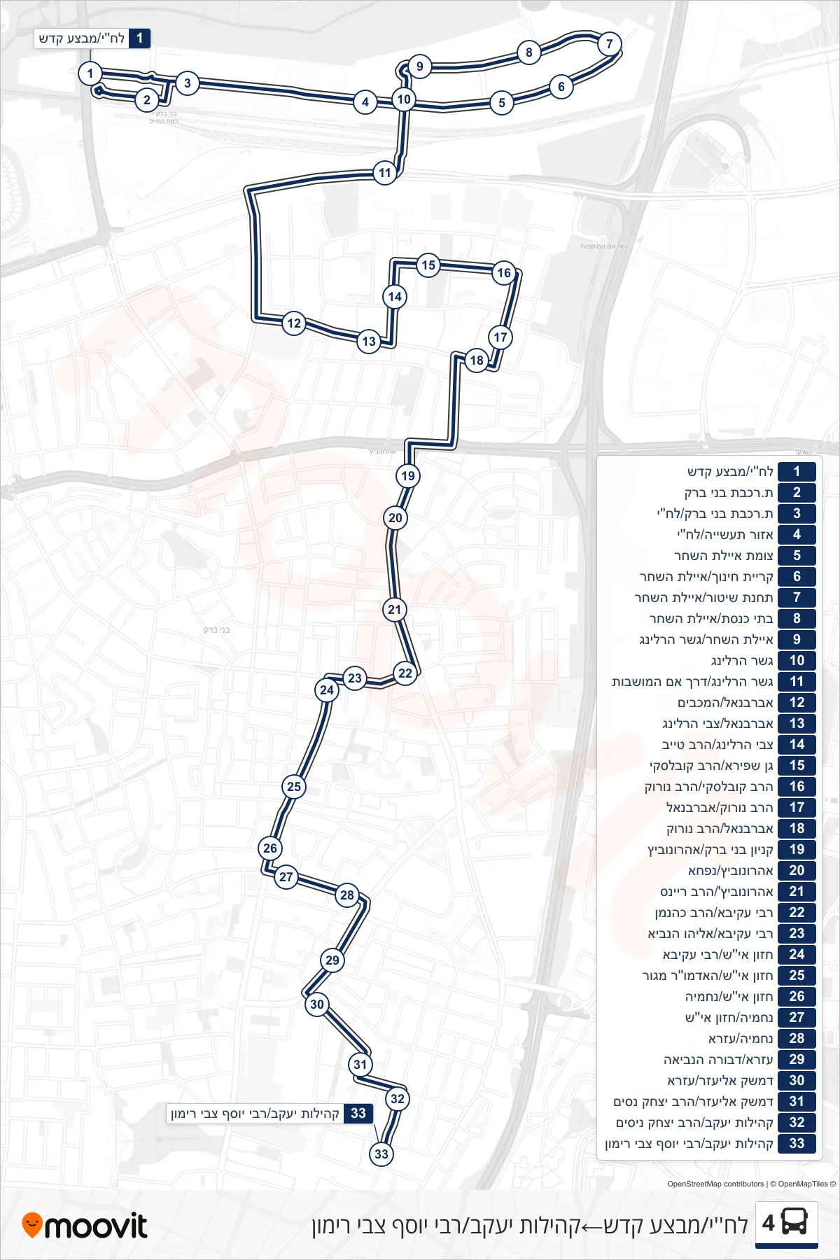 4  Line (Lehi/Kadesh Operation‎→Kehilot Yaakov/Rabbi Yosef Zvi Rimon) route and stops on a map