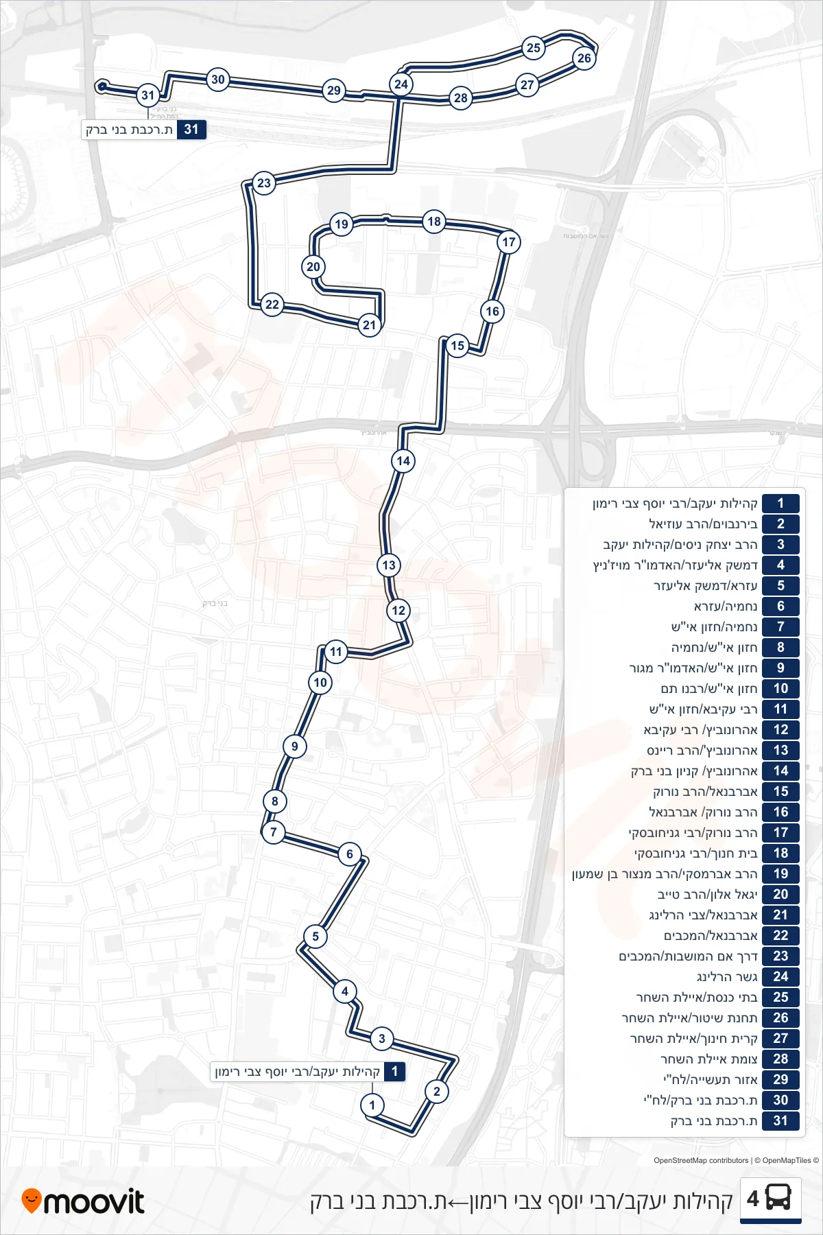 4 bus Line (Kehilot Yaakov/Rabbi Yosef Zvi Rimon‎→Bnei Brak Railway Station) route and stops on a map