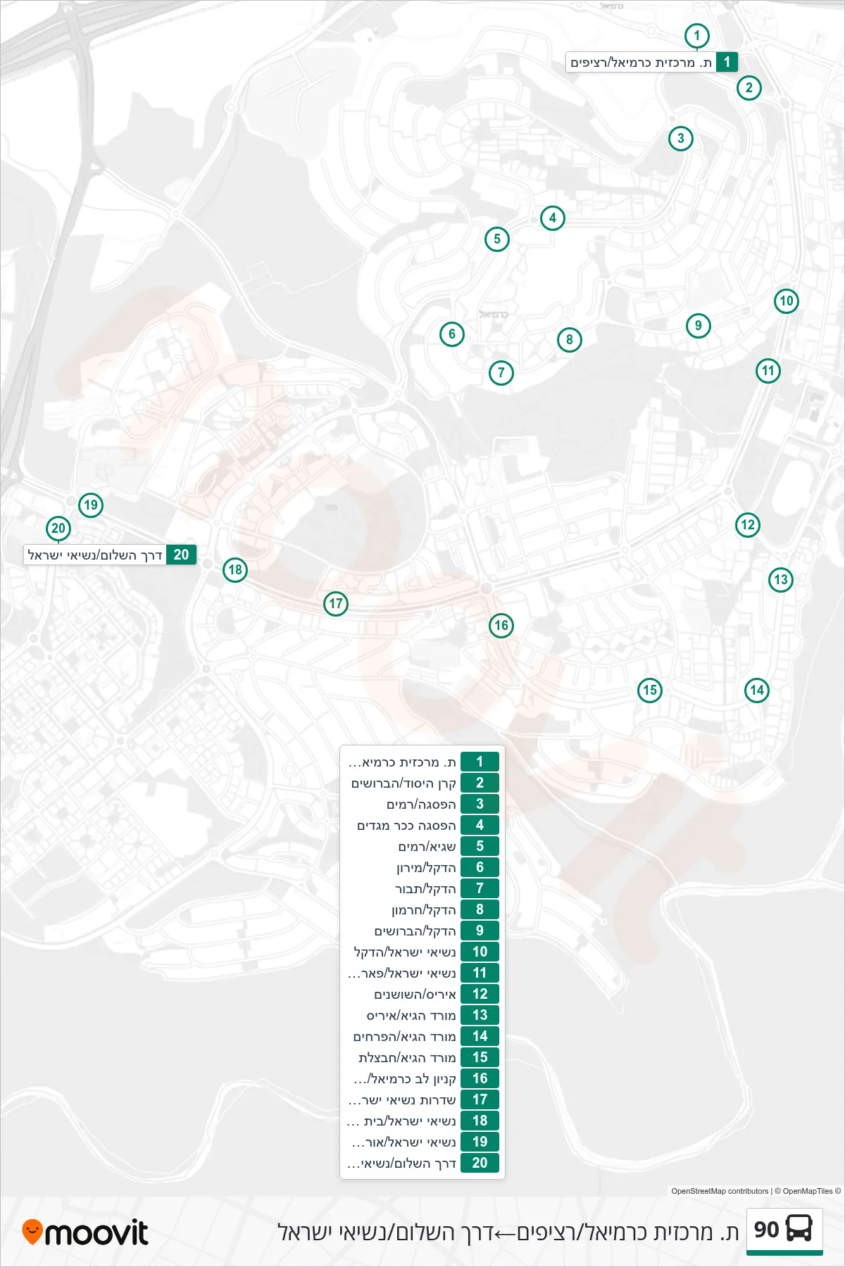 90 bus Line (Carmiel Central Station/Platforms‎→Derech HaShalom/Nesi'ei Israel) route and stops on a map
