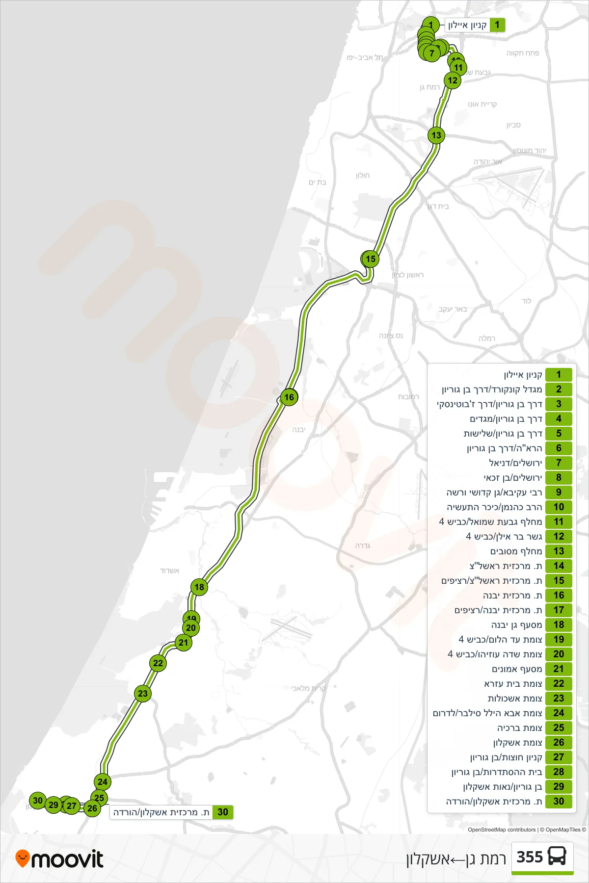 355  Line (Ramat Gan‎→Ashkelon) route and stops on a map