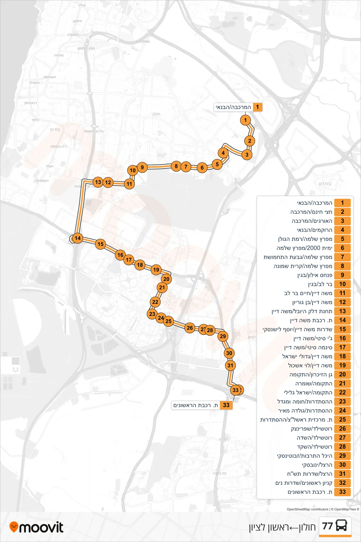 77 bus Line (Holon‎→Rishon LeZion) route and stops on a map