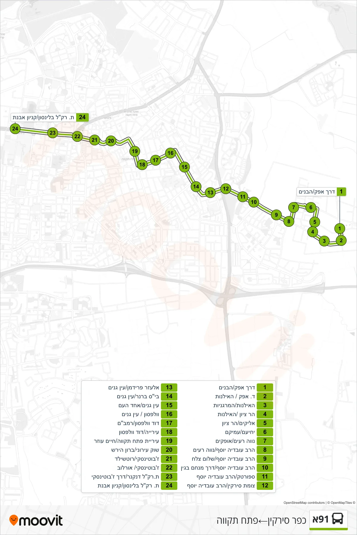 91A bus Line (Kfar Sirkin‎→Petah Tikva) route and stops on a map