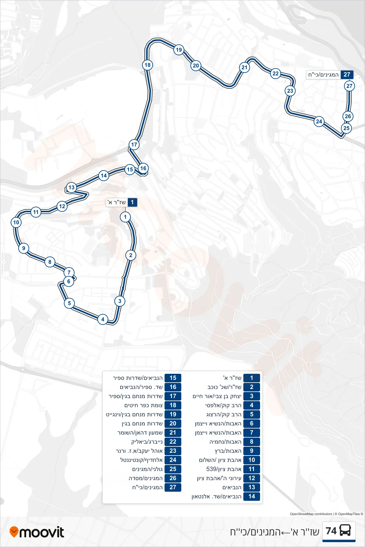 74 bus Line (Shazar A→HaMeginim/Kiah) route and stops on a map