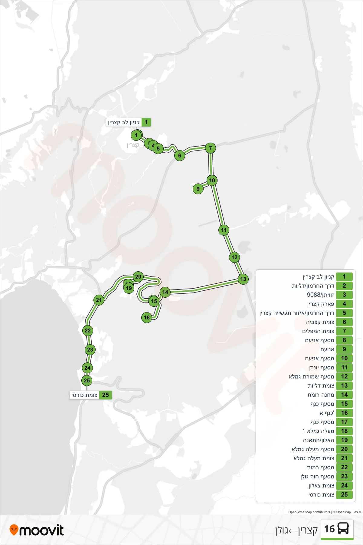 16  Line (Katzrin‎→Golan) route and stops on a map