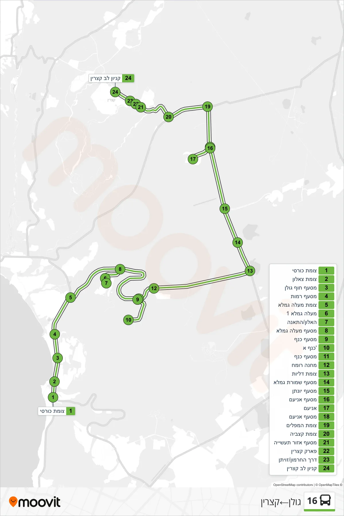 16 bus Line (Golan‎→Katzrin) route and stops on a map