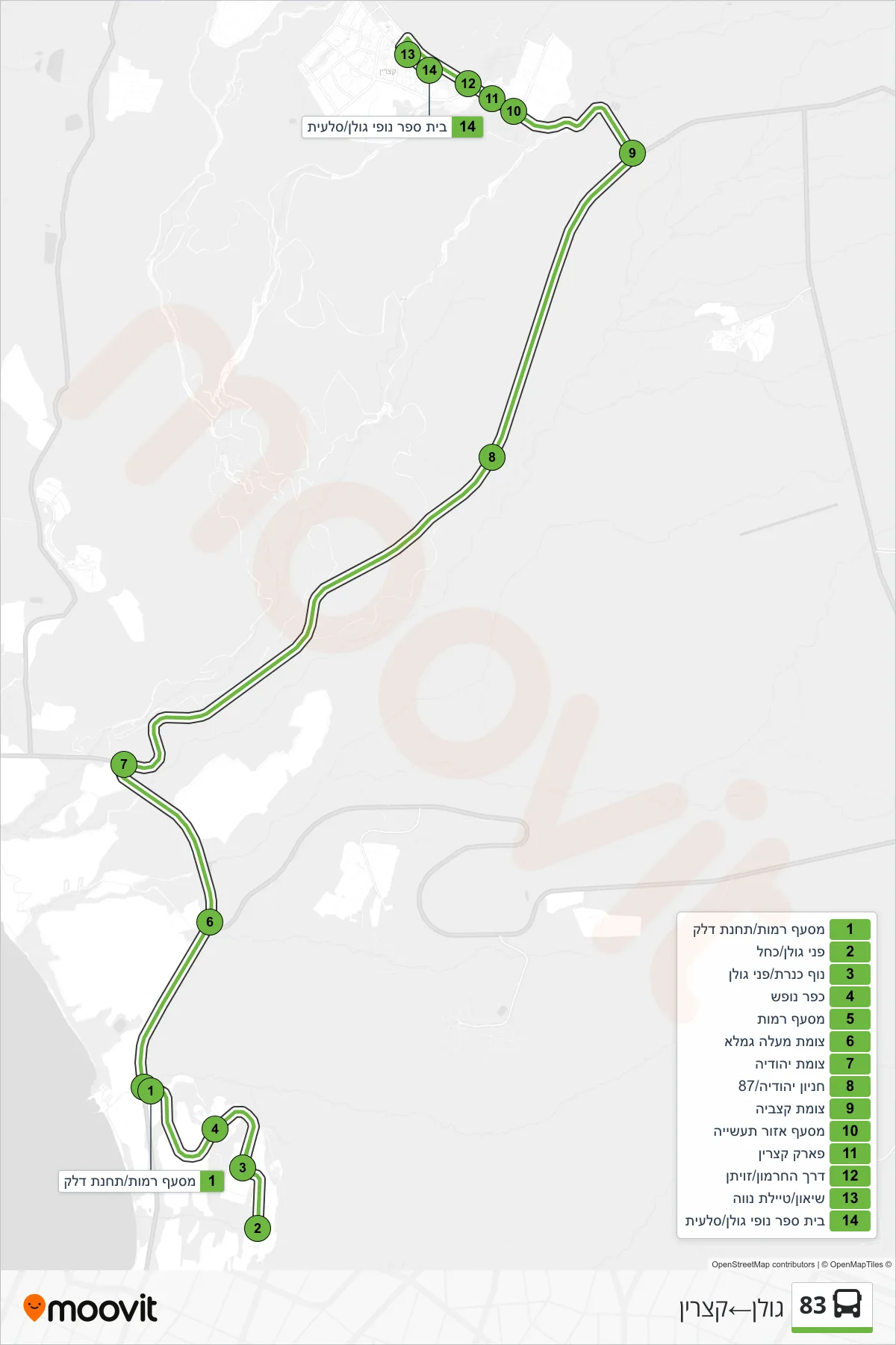 83 bus Line (Golan‎→Katzrin) route and stops on a map