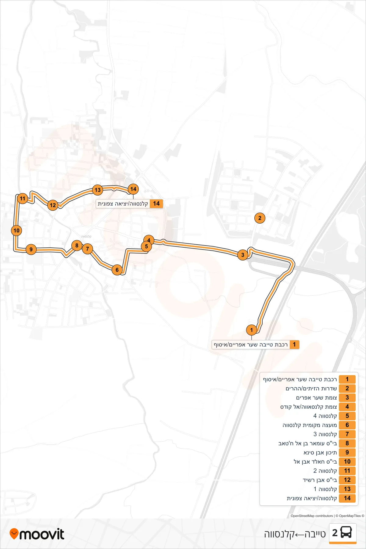 2 bus Line (Tayibe‎→Qalansawe) route and stops on a map