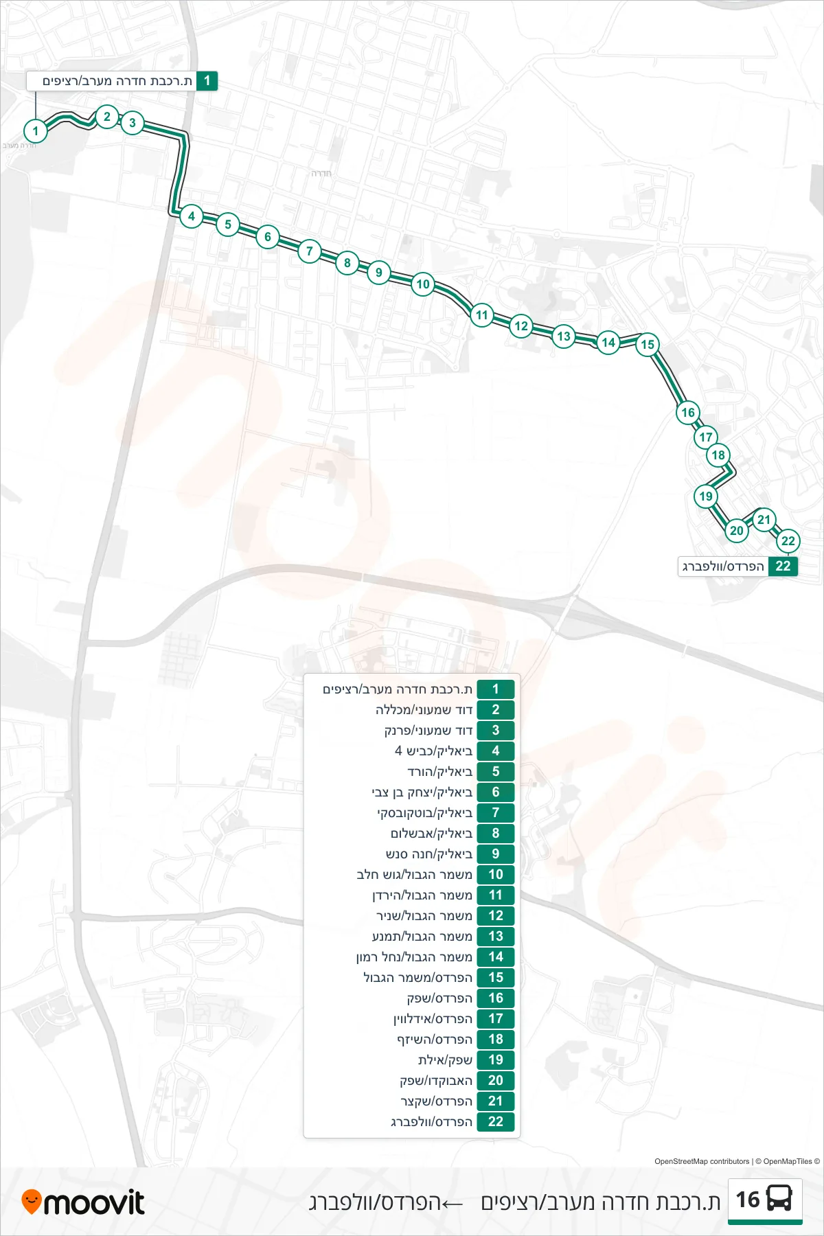 16 bus Line (ת.רכבת חדרה מערב/רציפים   ‎→HaPardes/Wolfberg) route and stops on a map