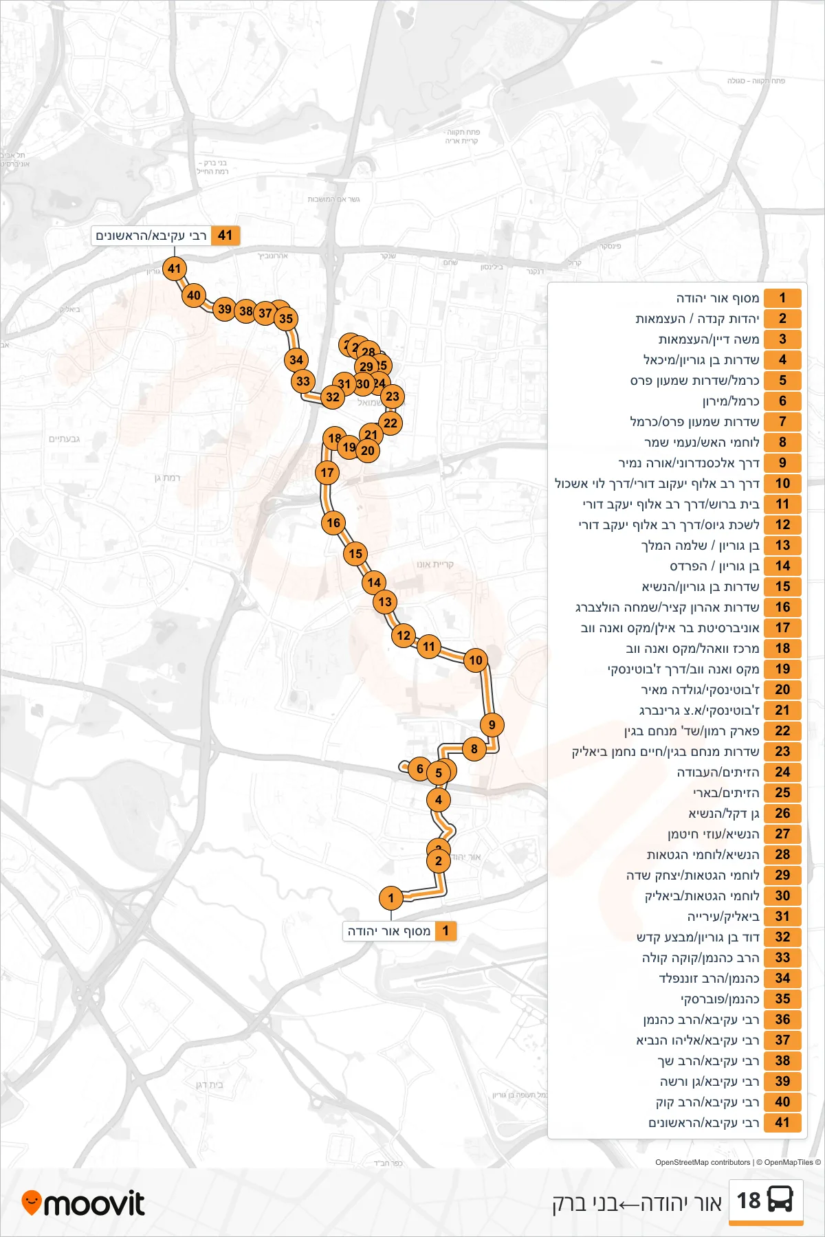 18 bus Line (Or Yehuda→Bnei Brak) route and stops on a map