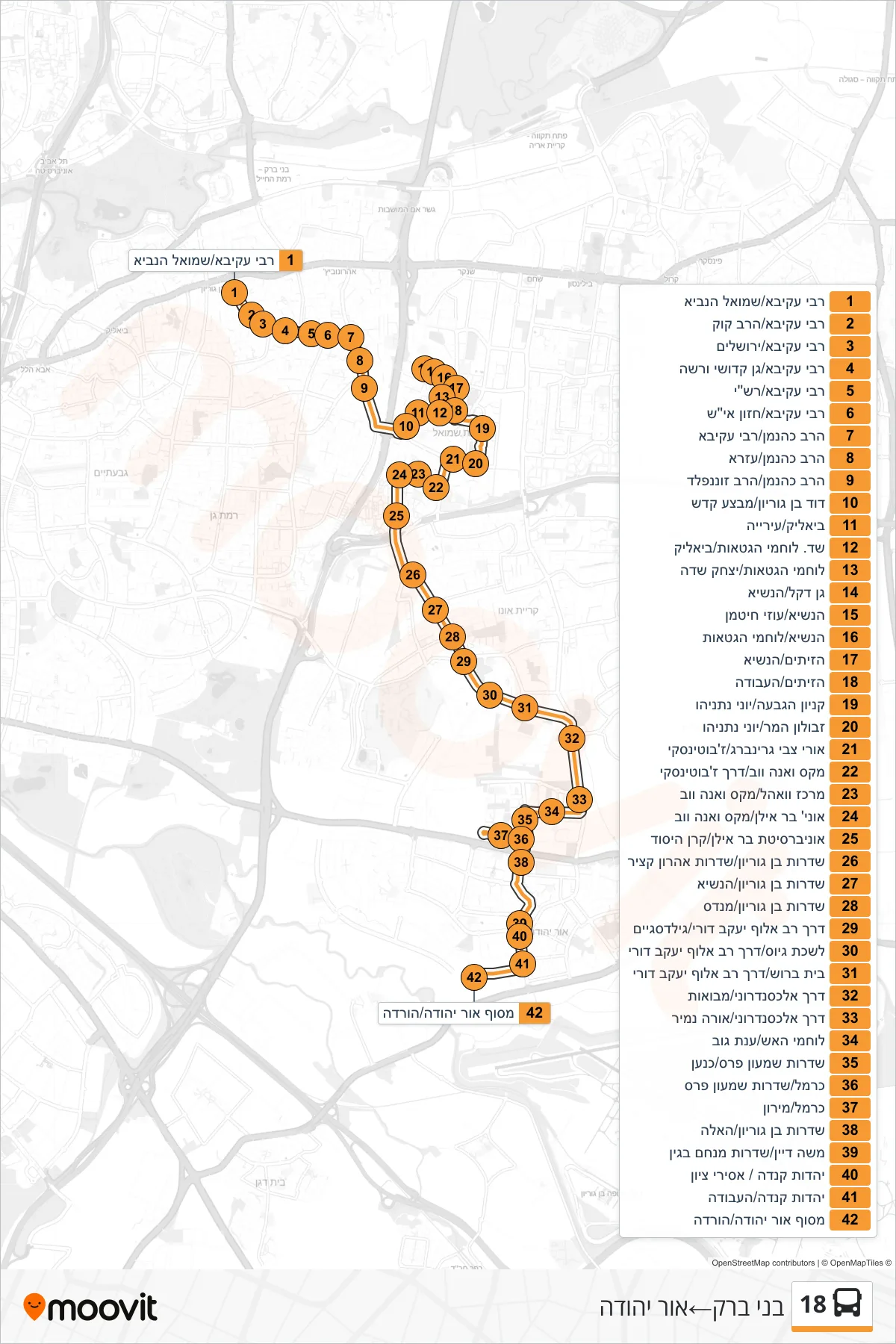 18 bus Line (Bnei Brak→Or Yehuda) route and stops on a map