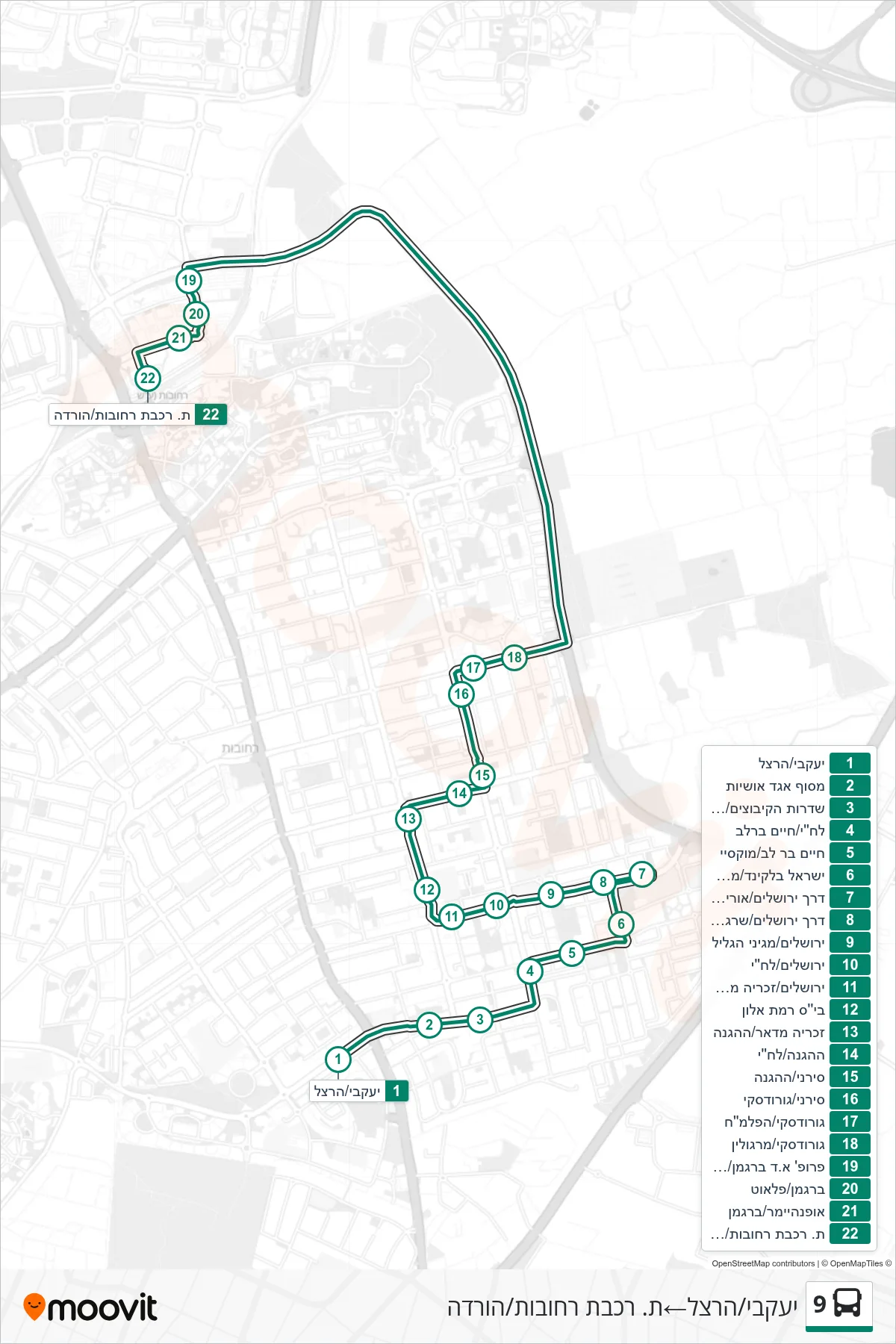 9 bus Line (Yaakovi/Herzl‎→Rehovot Railway Station/Drop-off) route and stops on a map