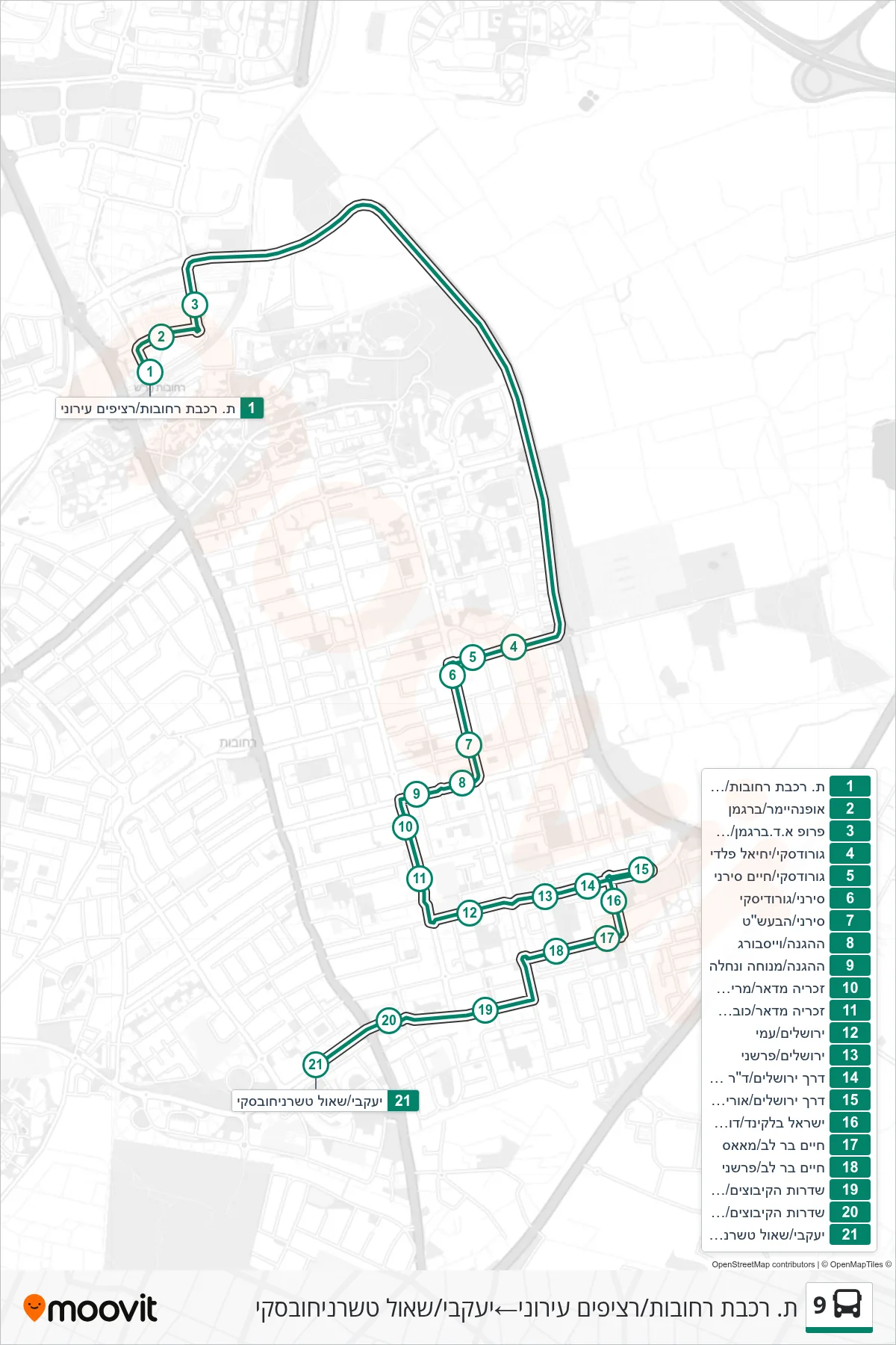 9 bus Line (Rehovot Railway Station/Urban Platforms‎→Yaakovi/Shaul Tchernichovsky) route and stops on a map