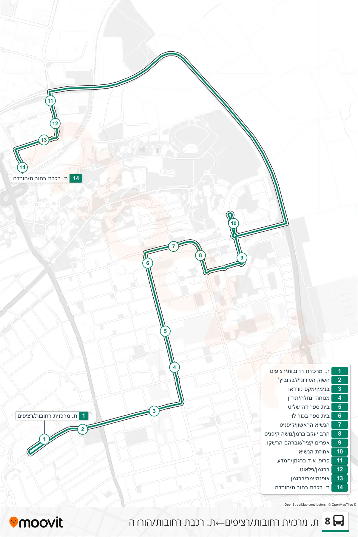 8 bus Line (Rehovot Central Station/Platforms‎→Rehovot Railway Station/Drop-off) route and stops on a map