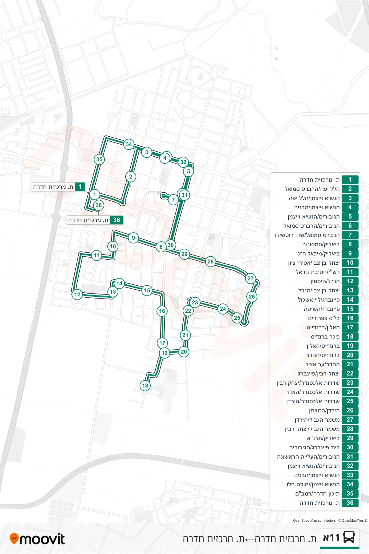 11A bus Line (Hadera Central Station‎→Hadera Central Station) route and stops on a map
