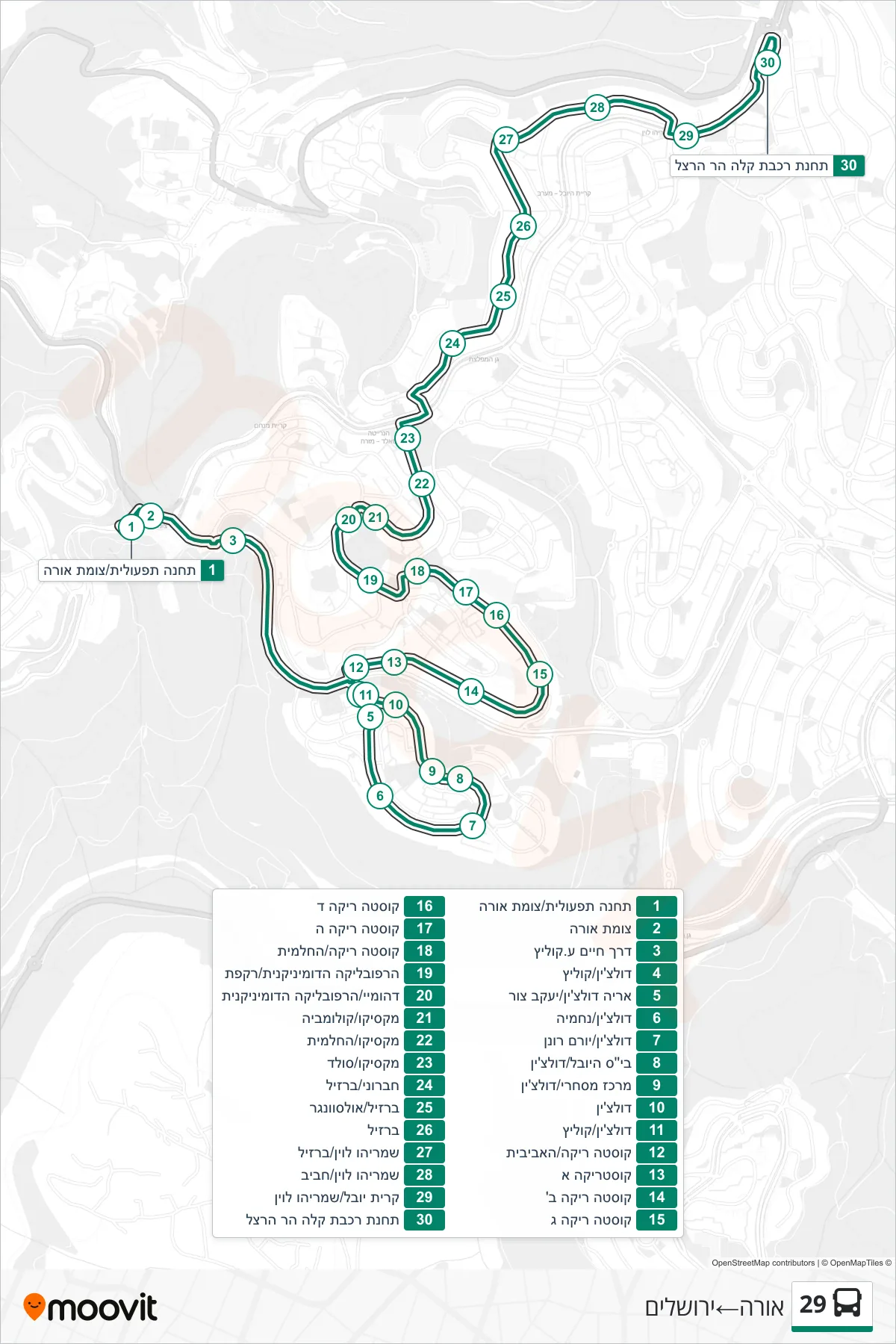 29 bus Line (Ora‎→Jerusalem) route and stops on a map
