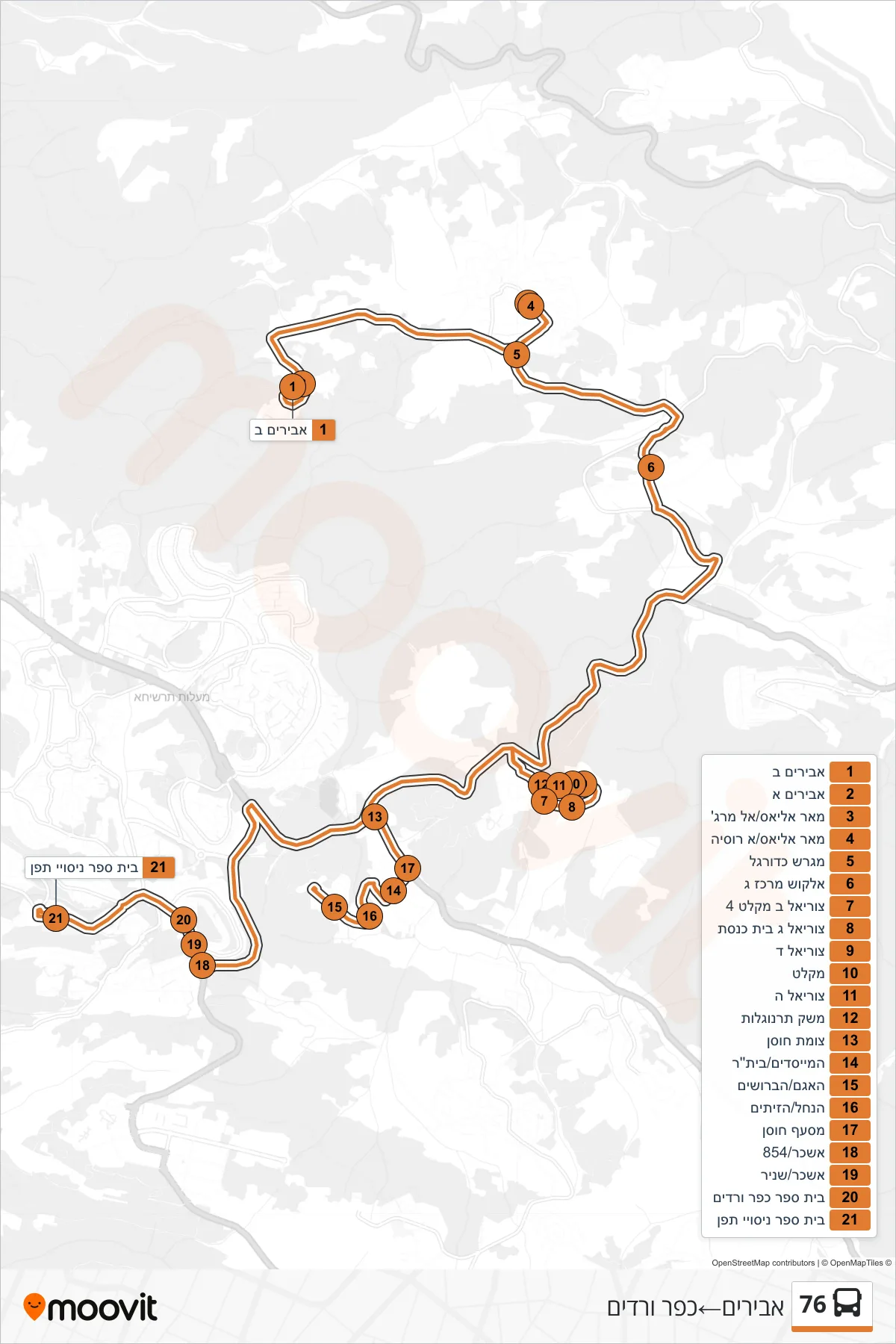 76 bus Line (Avirim‎→Kfar Vradim) route and stops on a map