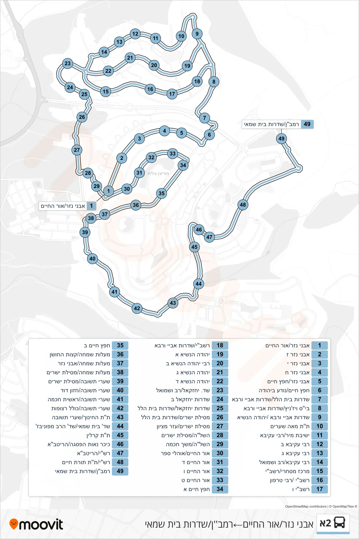 2A bus Line (Avnei Nezer/Or HaChaim‎→Ramban/Beit Shamai Boulevard) route and stops on a map