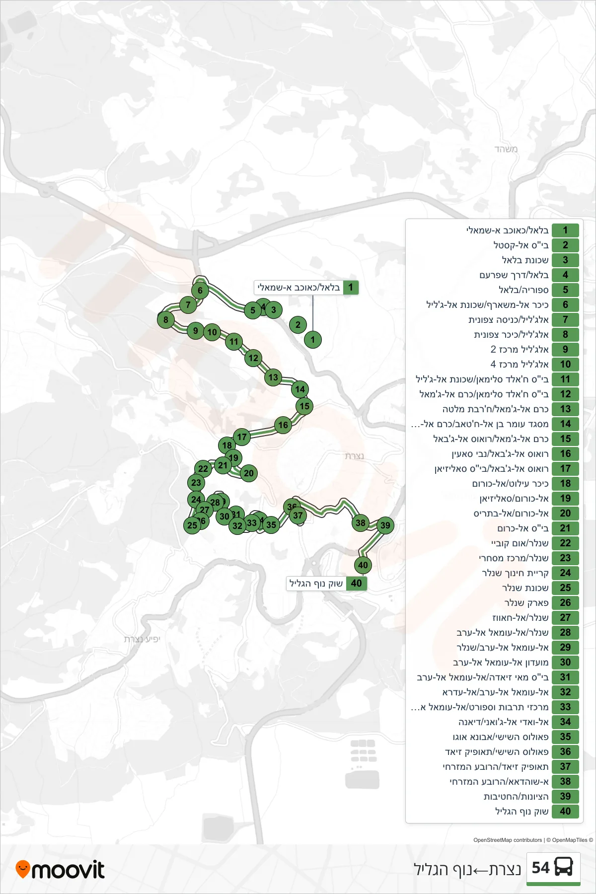 54 bus Line (Nazareth‎→Nof HaGalil) route and stops on a map