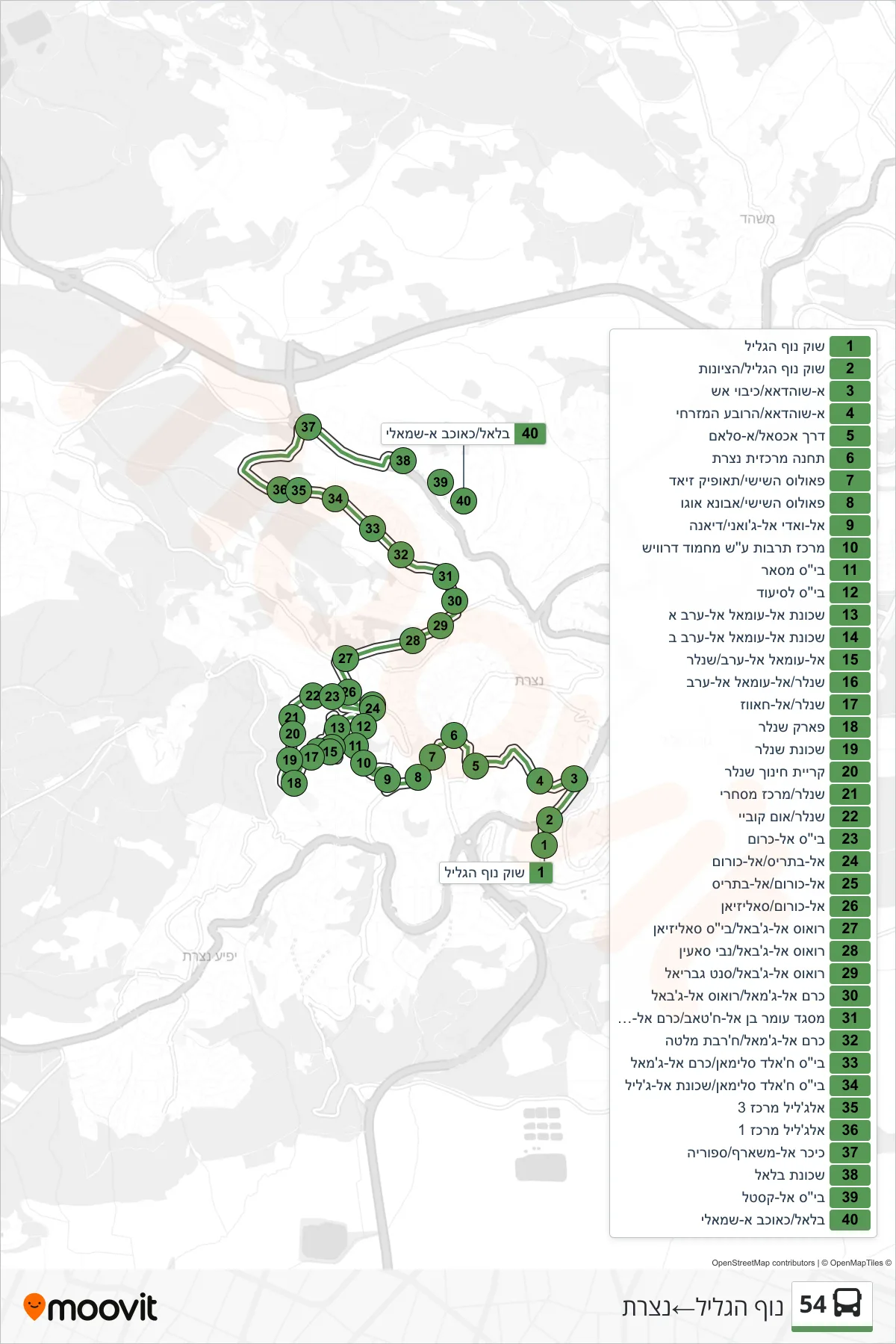 54 bus Line (Nof HaGalil‎→Nazareth) route and stops on a map