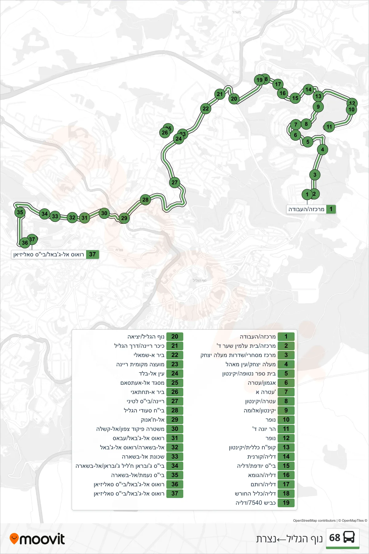 68 bus Line (Nof HaGalil‎→Nazareth) route and stops on a map