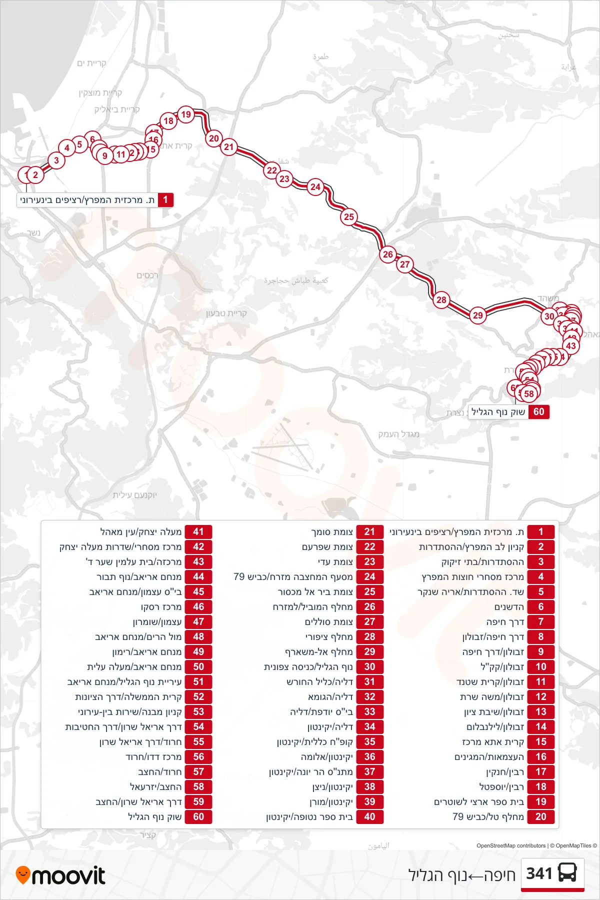 341 bus Line (Haifa‎→Nof HaGalil) route and stops on a map