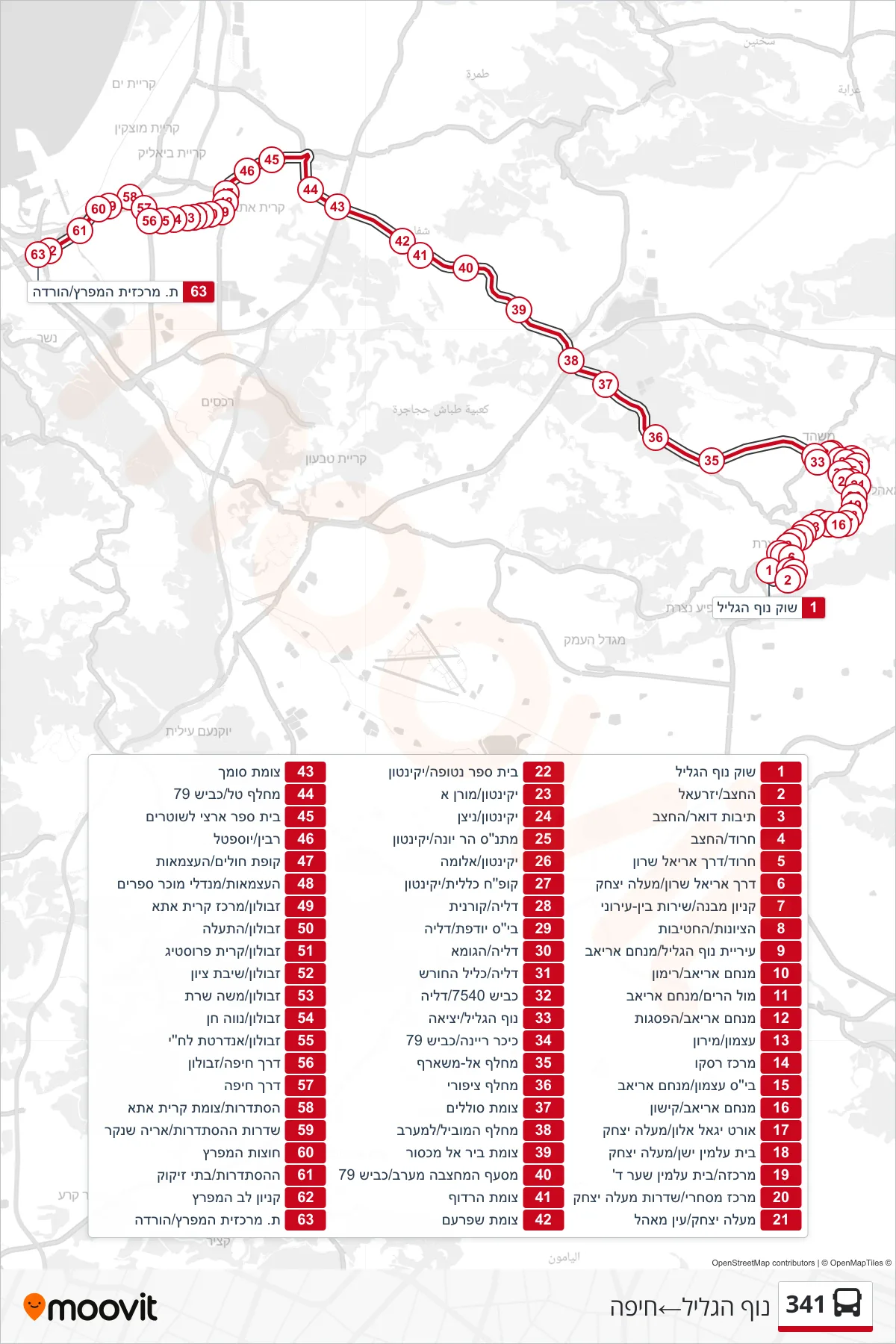341  Line (Nof HaGalil‎→Haifa) route and stops on a map
