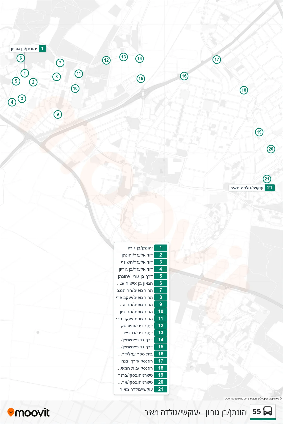 55 bus Line (Yehonatan/Ben Gurion‎→Okashi/Golda Meir) route and stops on a map