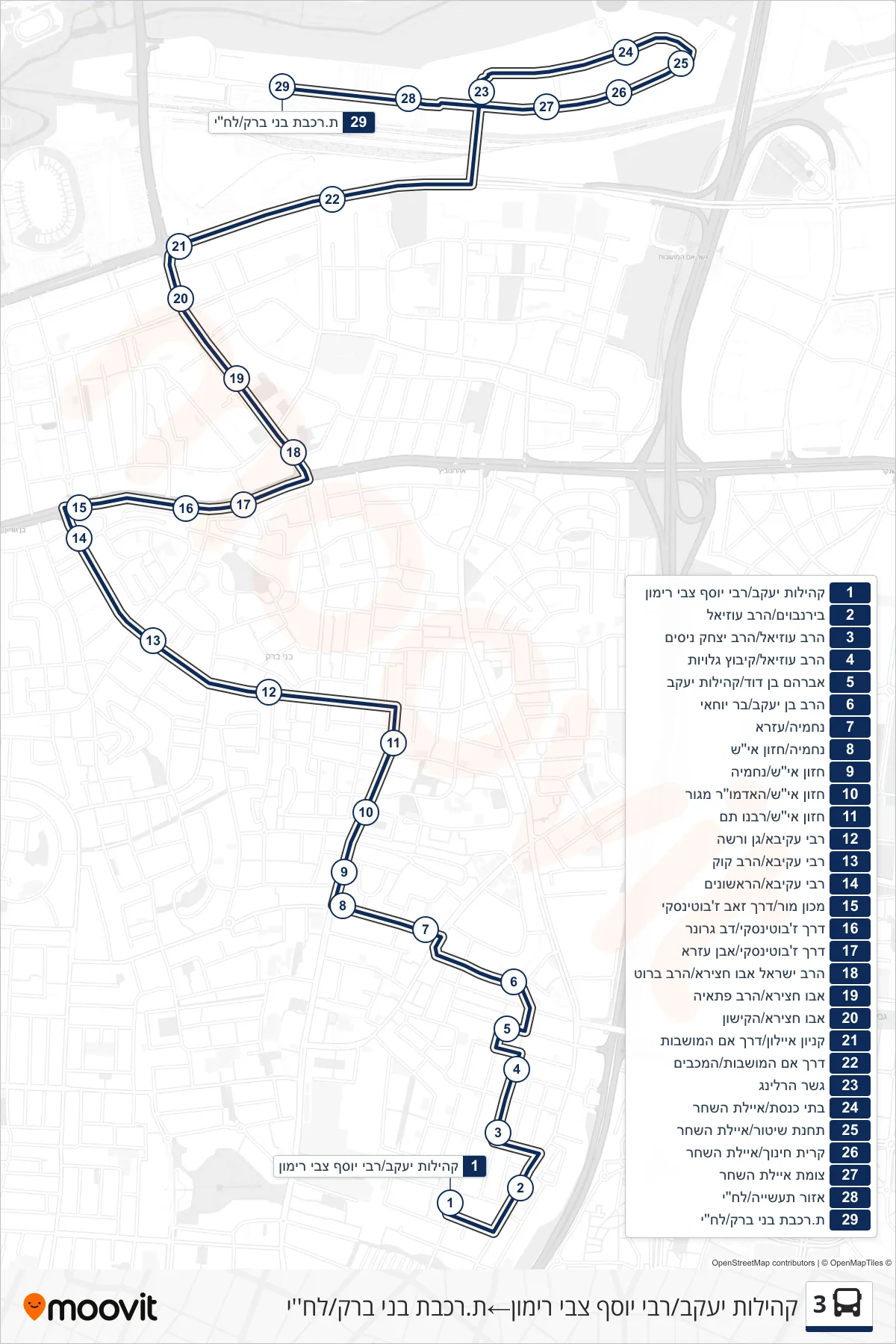 3 bus Line (Kehilot Yaakov/Rabbi Yosef Zvi Rimon‎→Bnei Brak Railway Station/Lehi) route and stops on a map