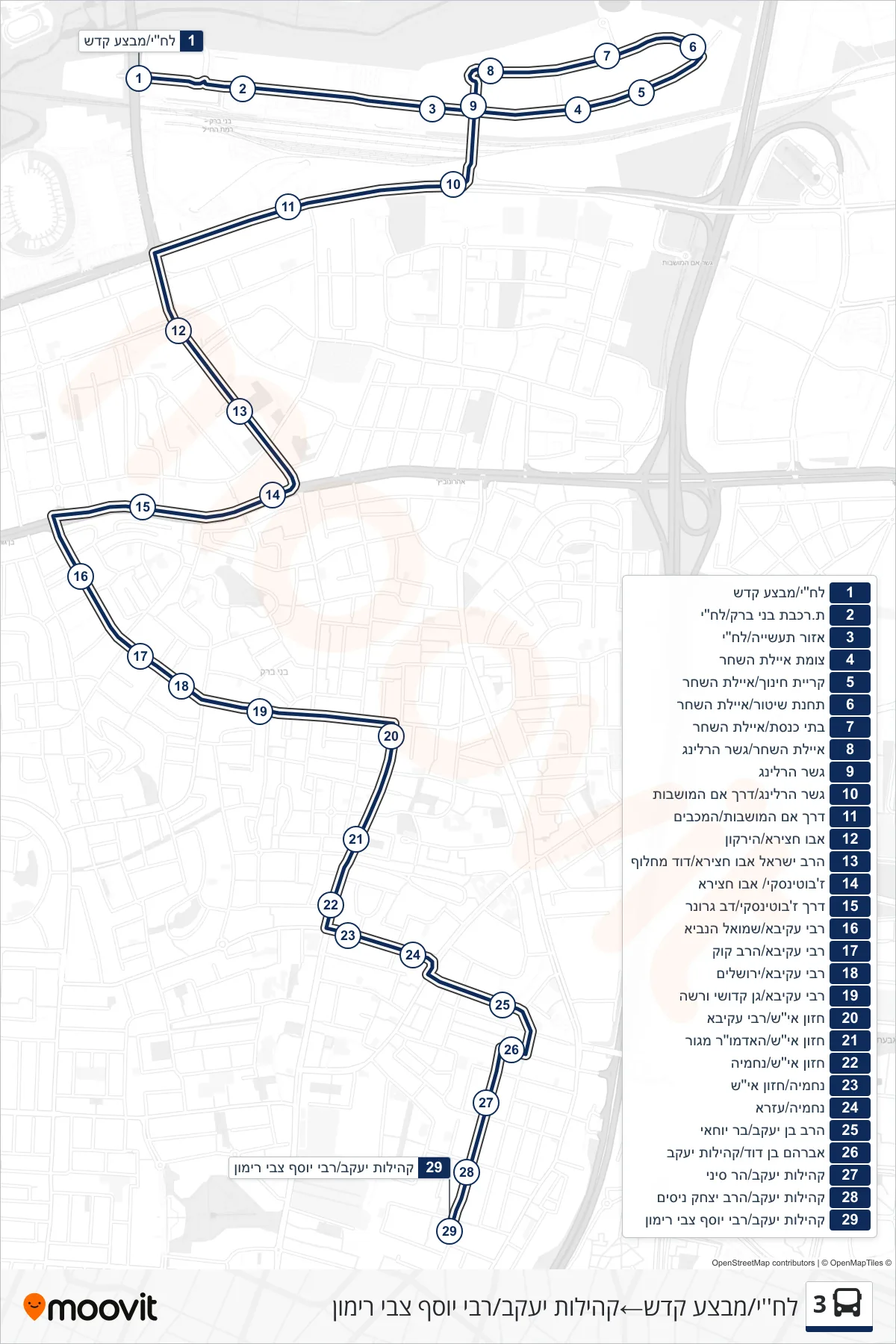 3  Line (Lehi/Kadesh Operation‎→Kehilot Yaakov/Rabbi Yosef Zvi Rimon) route and stops on a map