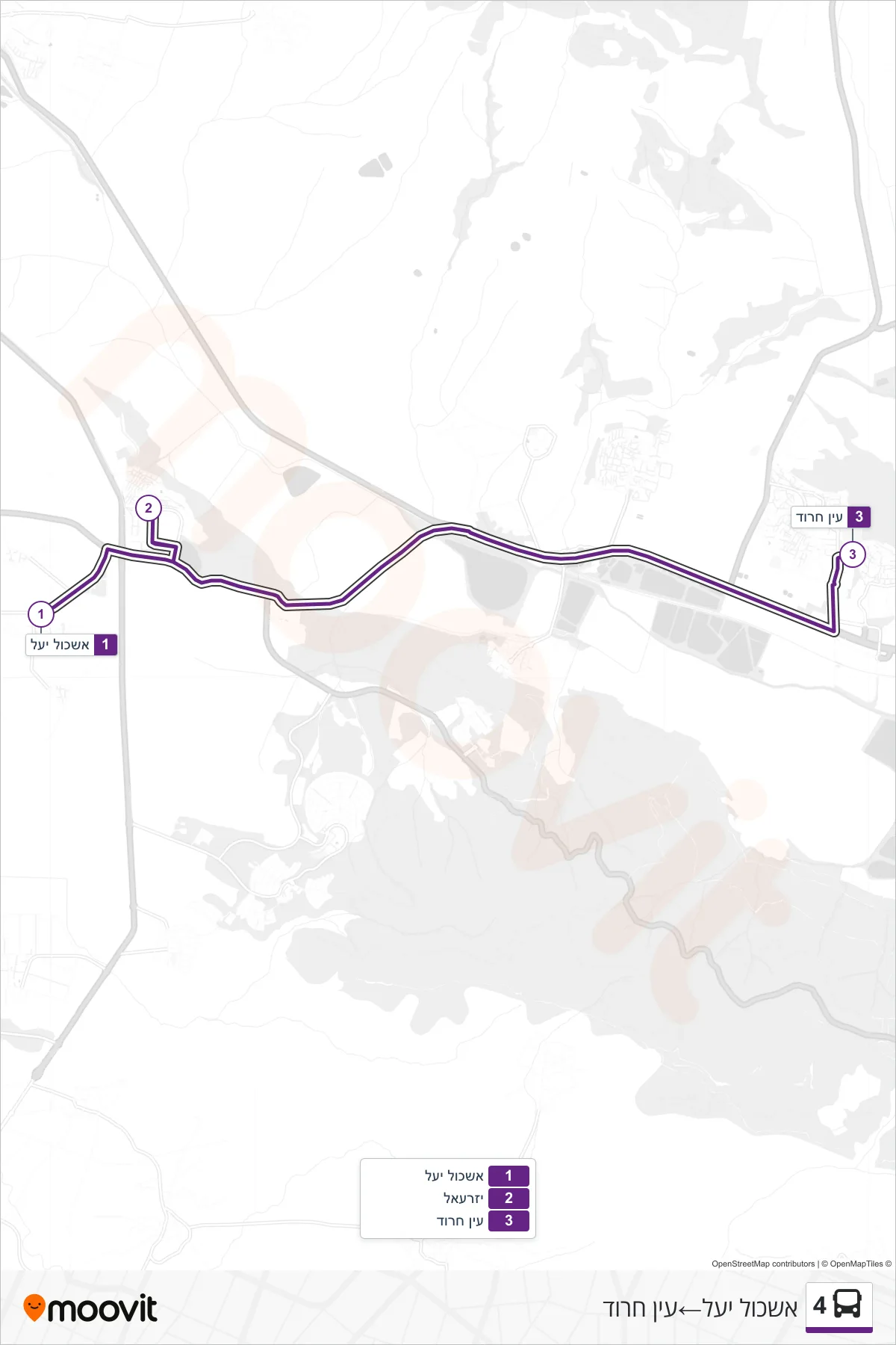 4 bus Line (אשכול יעל‎→Ein Harod) route and stops on a map