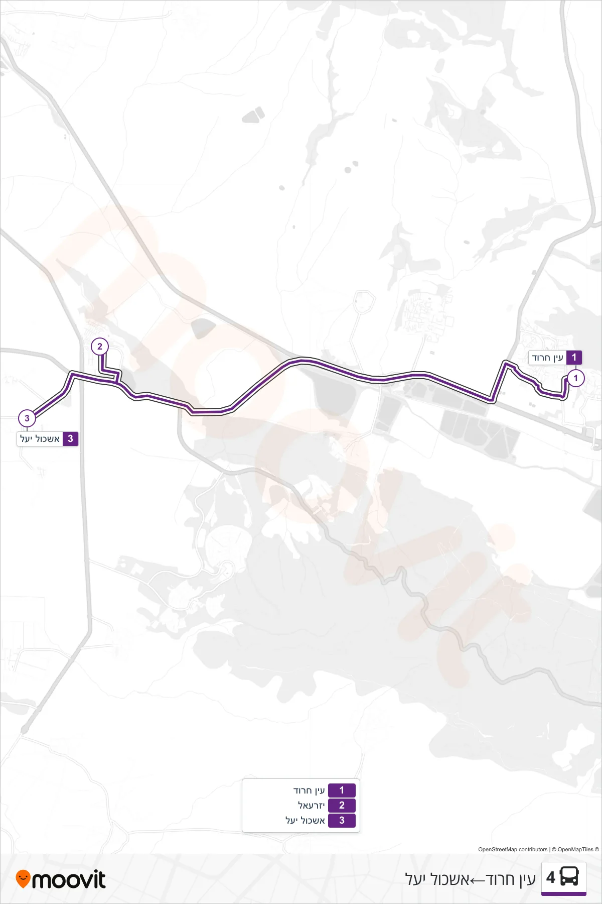 4 bus Line (Ein Harod‎→אשכול יעל) route and stops on a map