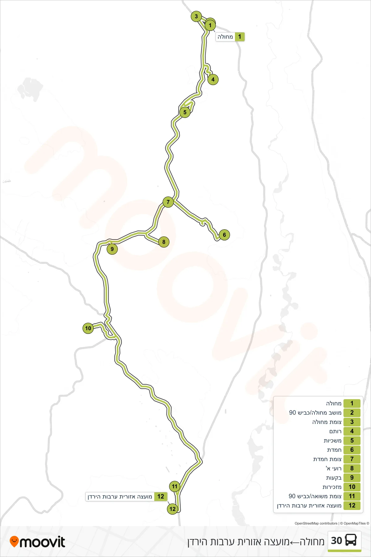 30 bus Line (Mechola‎→Jordan Valley Regional Council) route and stops on a map