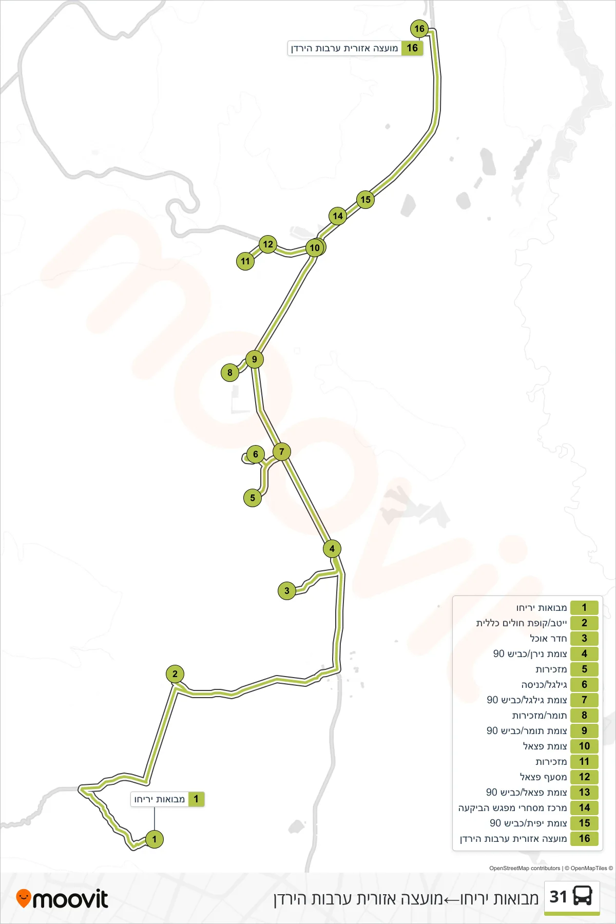31 bus Line (Mevo'ot Jericho‎→Jordan Valley Regional Council) route and stops on a map