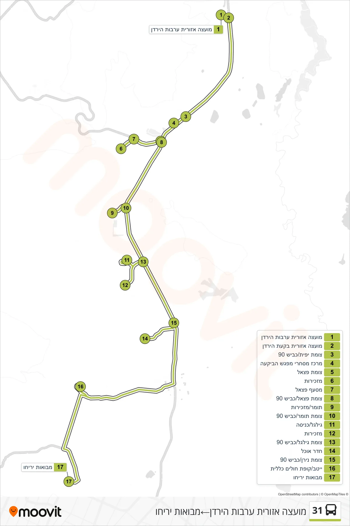 31 bus Line (Jordan Valley Regional Council‎→Mevo'ot Jericho) route and stops on a map