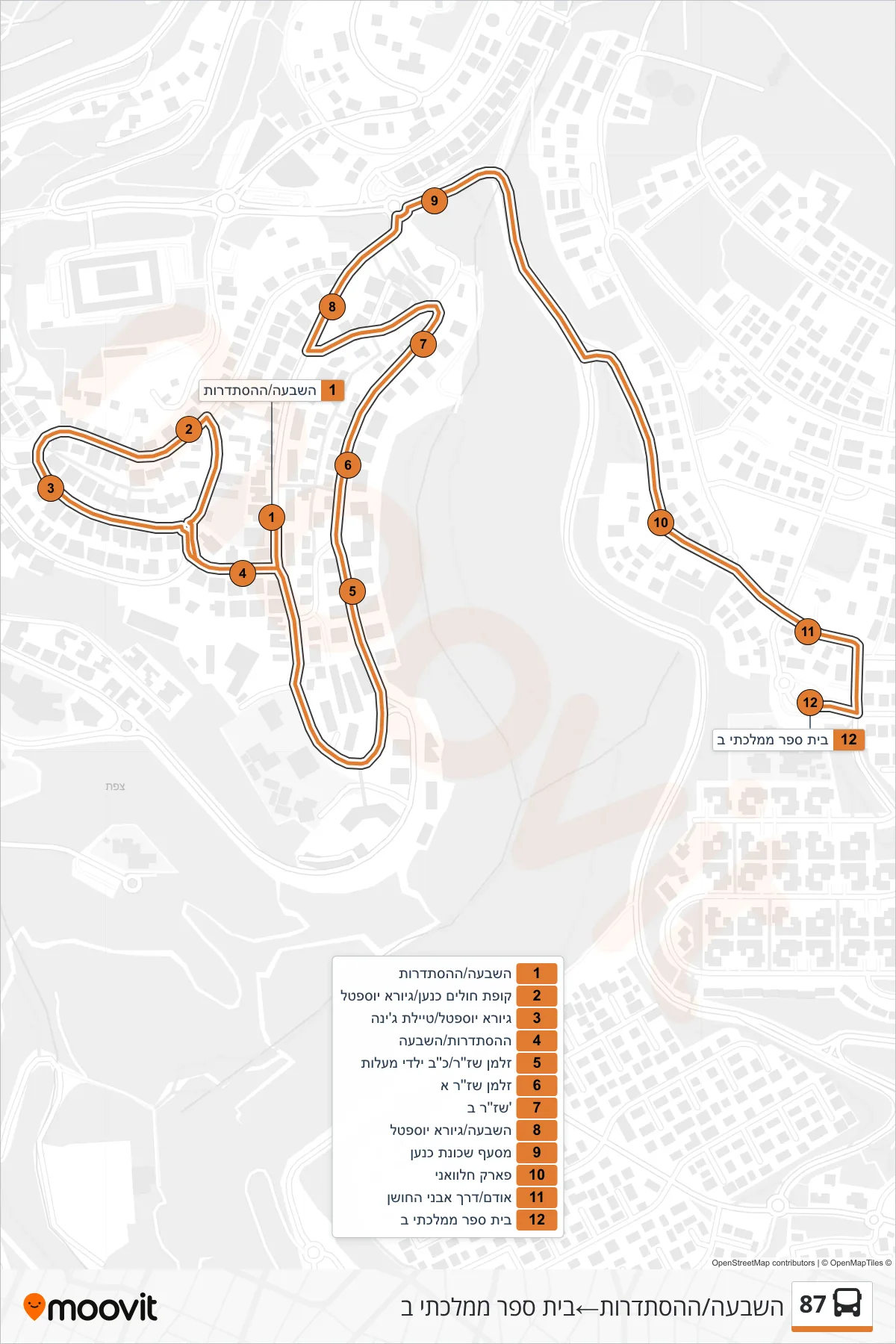 87 bus Line (HaShiva/HaHistadrut‎→State School B) route and stops on a map
