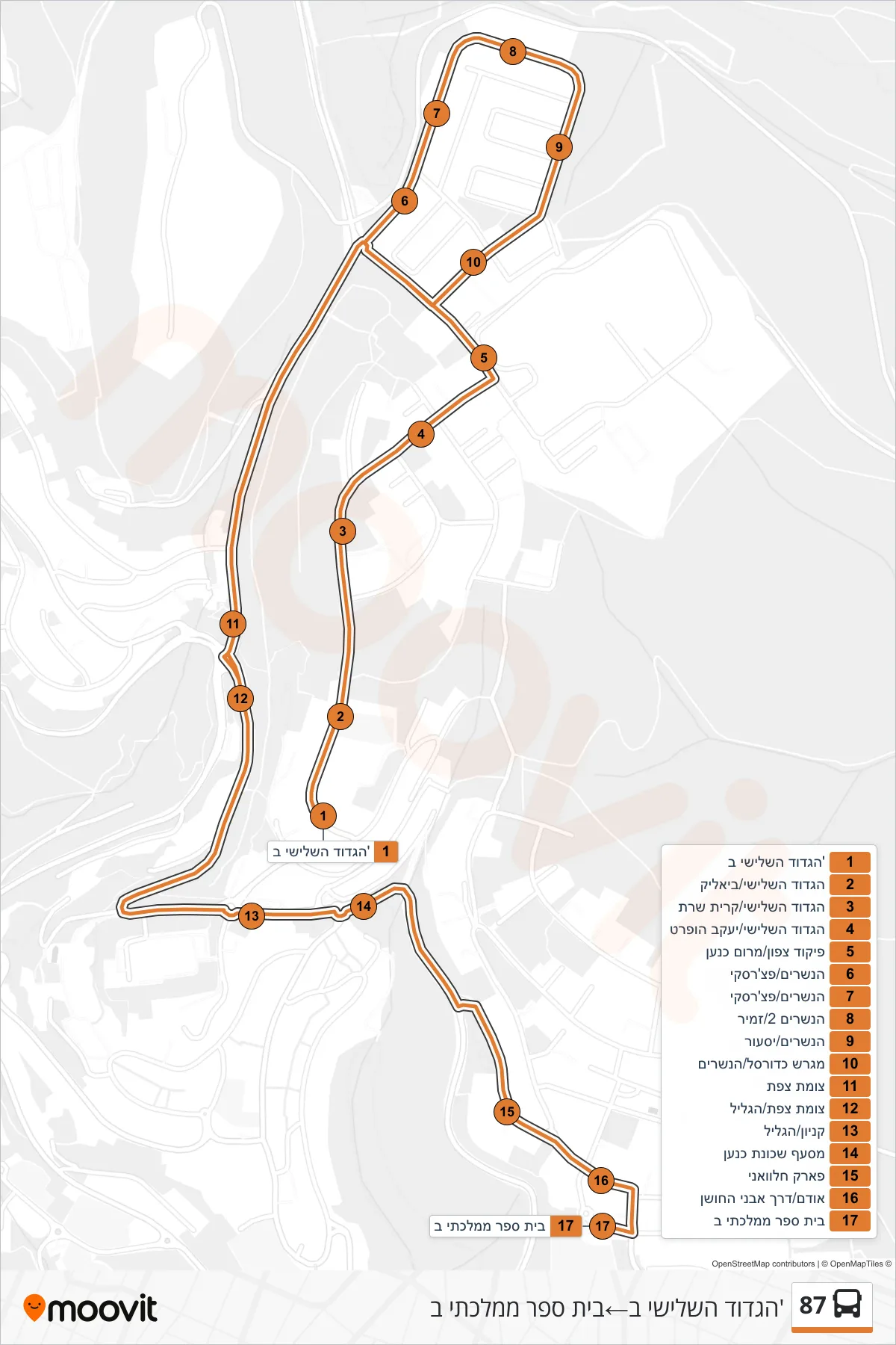87  Line (Third Battalion B‎→State School B) route and stops on a map