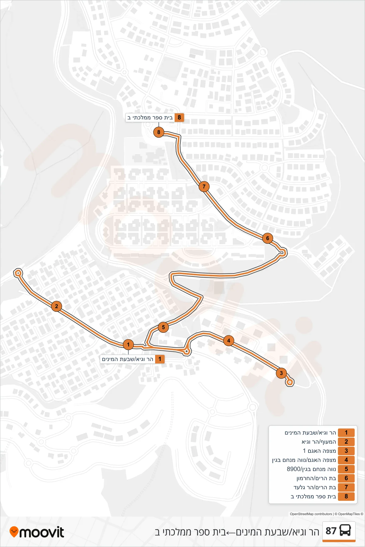 87 bus Line (Har VeGai/Shivat HaMinim‎→State School B) route and stops on a map