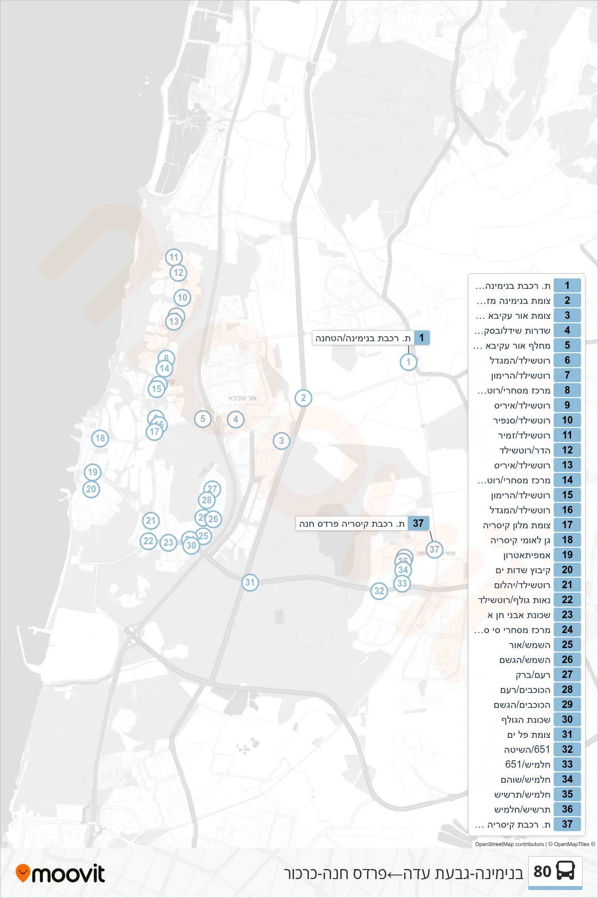 80 bus Line (Binyamina-Givat Ada‎→Pardes Hanna-Karkur) route and stops on a map