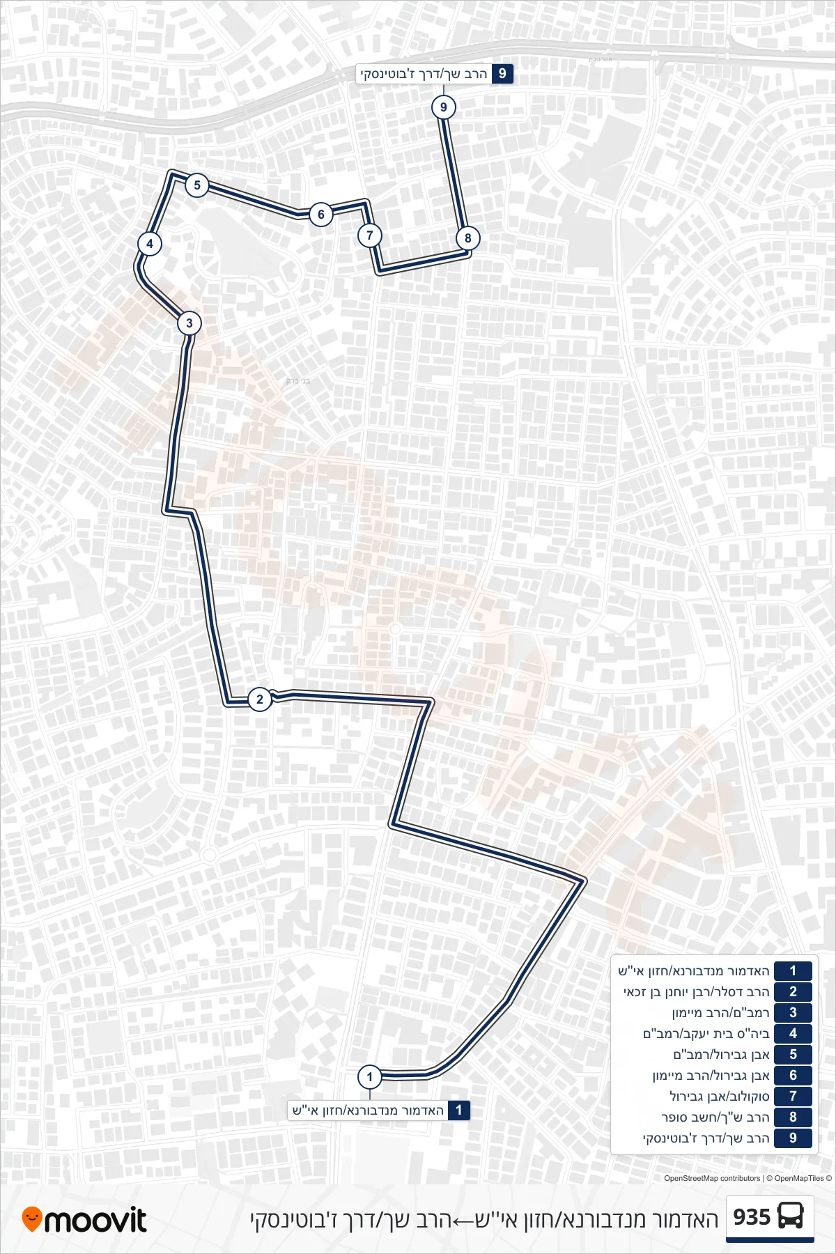 935 bus Line (Admor of Nadvorna/Chazon Ish‎→HaRav Shach/Jabotinsky Road) route and stops on a map