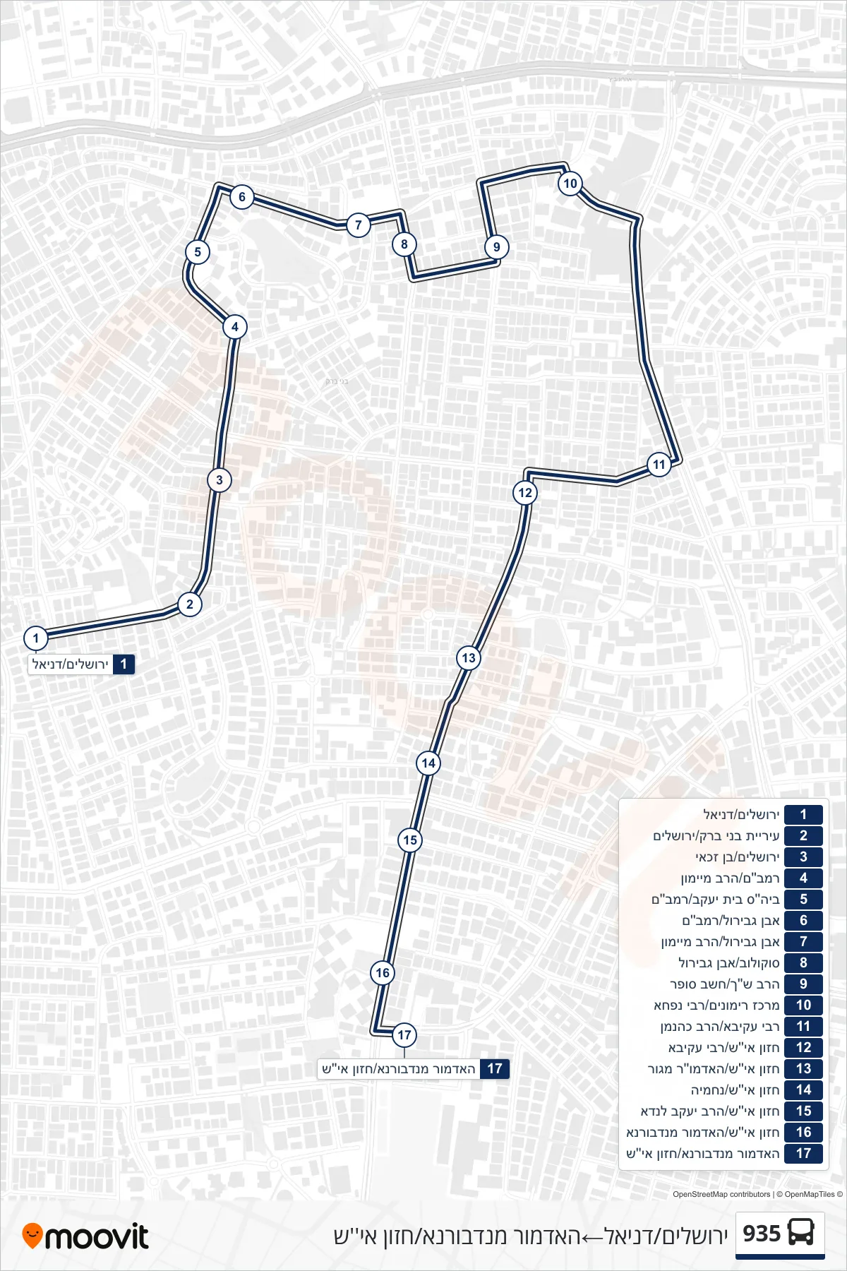 935 bus Line (Jerusalem/Daniel‎→Admor of Nadvorna/Chazon Ish) route and stops on a map