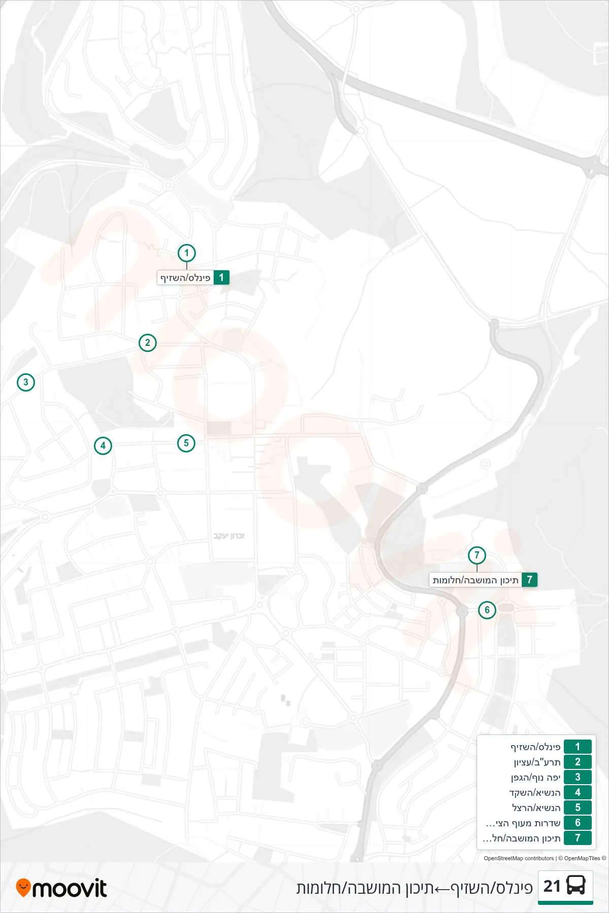 21 bus Line (Pineles/HaShazif‎→Moshava High School/Halomot) route and stops on a map