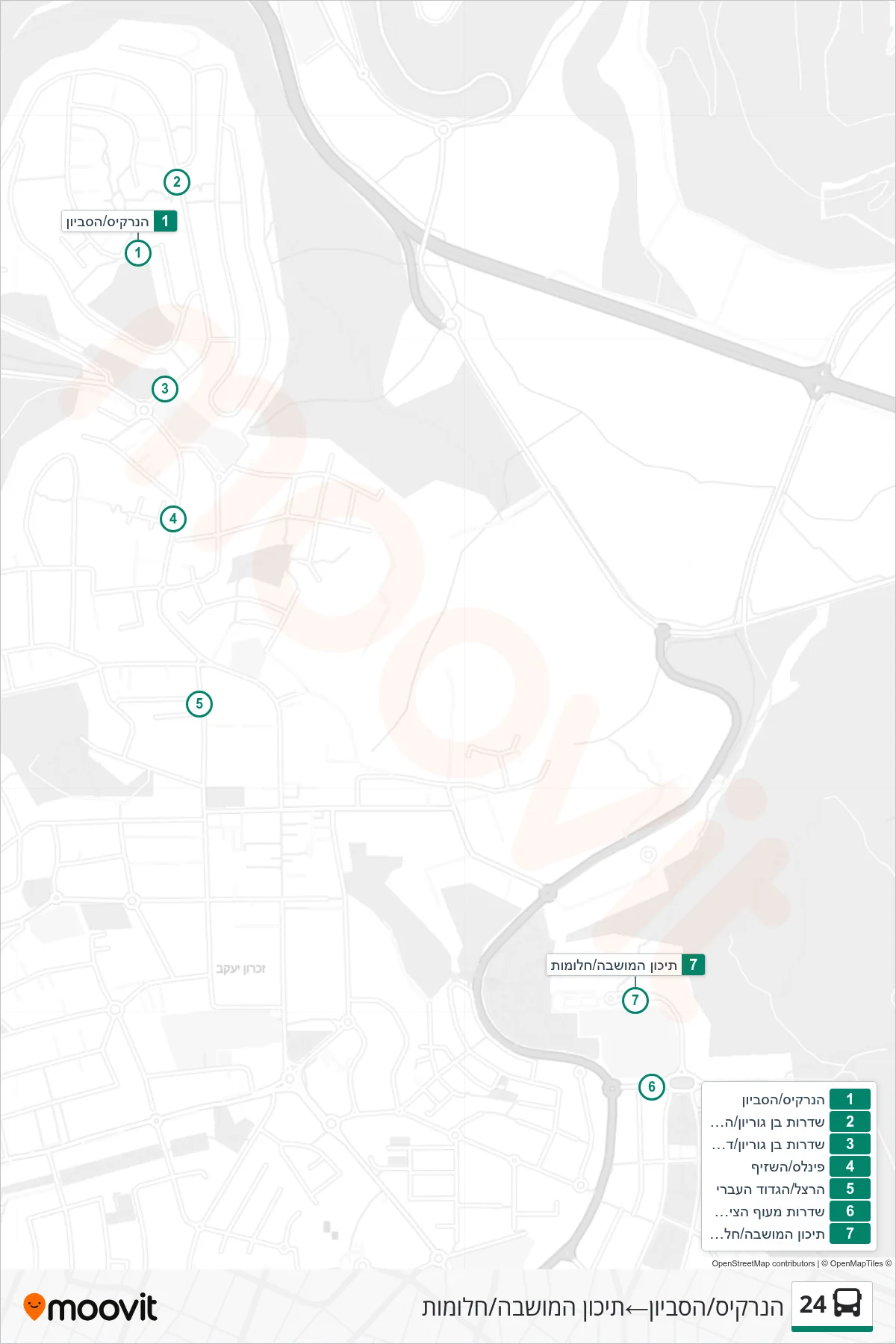 24 bus Line (HaNarkis/HaSivyon‎→Moshava High School/Halomot) route and stops on a map